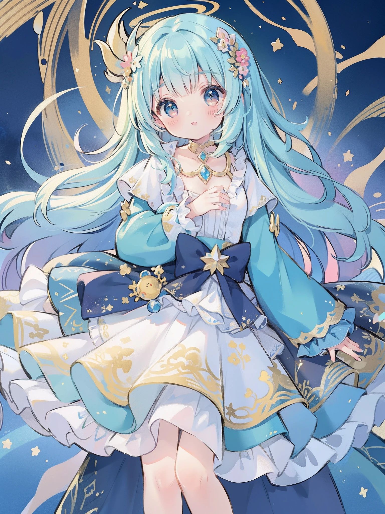 masterpiece, best quality, 8k resolution, sharp focus, intricate detail, beautiful girl, sparkling eyes, golden ratio face, otherworldly liquid, watercolor, cool colors, bright colors, whimsical, colorful, sharp focus, high resolution, fine detail, ((layered tiered puffy long sleeves ballgown)), ((round eyes)), iridescent bubbles, fantasia background