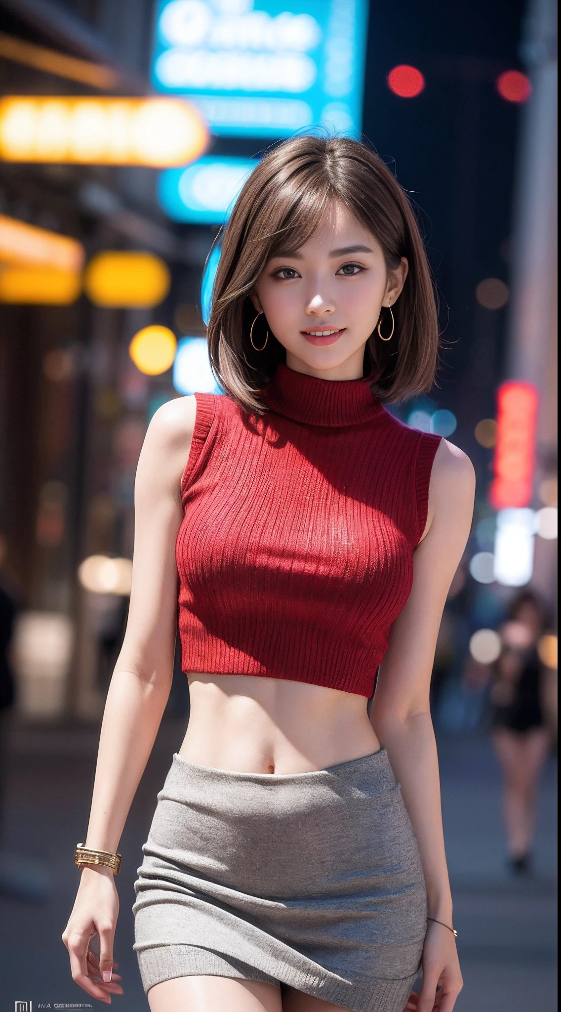 8k, masterpiece, RAW photo, best quality, photorealistic, extremely detailed CG unity 8k wallpaper, Depth of field, Cinematic Light, Lens Flare, Ray tracing, (extremely beautiful face, beautiful lips, beautiful eyes), intricate detail face, ((ultra detailed skin)) 1girl, in the dark, deep shadow, pretty asian girl, 1 girl, (very slim slender fit-muscled body:1.3), ((looking at viewer)),(big smile:1.3), (fashion city night, dark night, (neon sign), (blurred background), street night),(without people in the background:1.3), beautiful earrings, bracelets, necklace, pantyhose, clear eyes, (pale skin), (big eyes), face forward, ((upper body shot)), (looking at viewer:1.3) very slim, medium breasts, (Ultra-realistic, gazing at viewer, short skirt, (hight resolution), (8K), (ighly detailed), (Brown hair, short-hair), (Woman in red short sleeveless sweater, Show the navel), (Slim body)