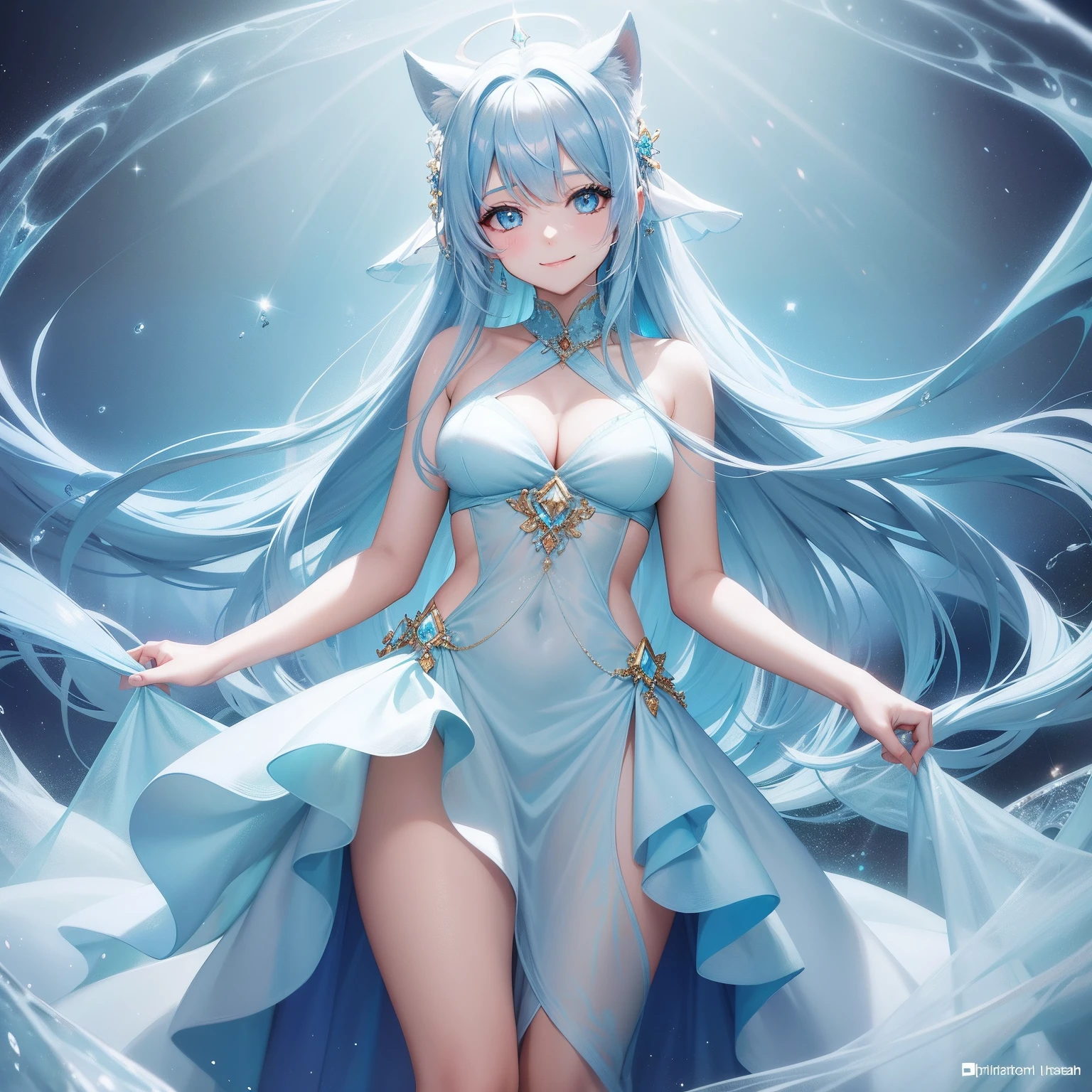 Cute Girl, Smile, Light blue long hair,  Vibrant colors, ethereal beauty, magical aura, seducting smile, Flowing gown, mystic atmosphere, Sparkling Crystal, Celestial Guidance, a captivating gaze, Otherworldly charm, captivating performance, Transcendent vocals