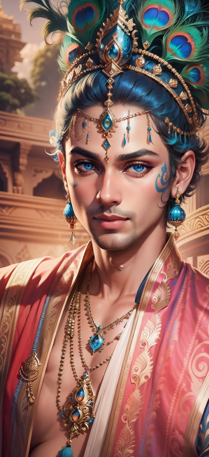 Lord Krishna peacock background realistic bule face Bule Eye, Ultra high quality HD