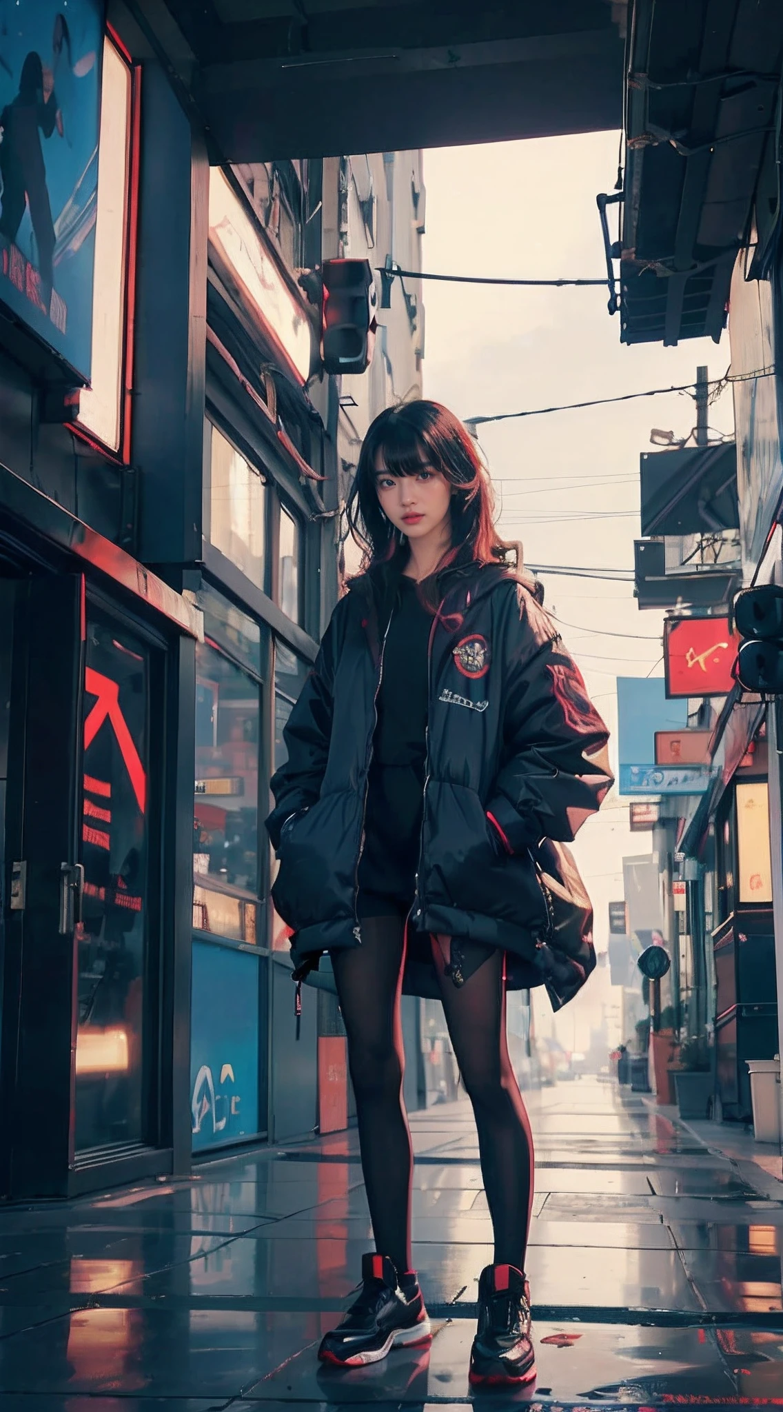 1girl, 8k portrait of beautiful asian girl with black hair, asian skin tone, intricate, elegant, realistic depth of field photography, perfect natural lighting (masterpiece, sidelighting, finely detailed beautiful red eyes: 1.2), long hair, realistic lots of hair, realistic suit, realistic human face, realistic cyber city background, strong neon light
