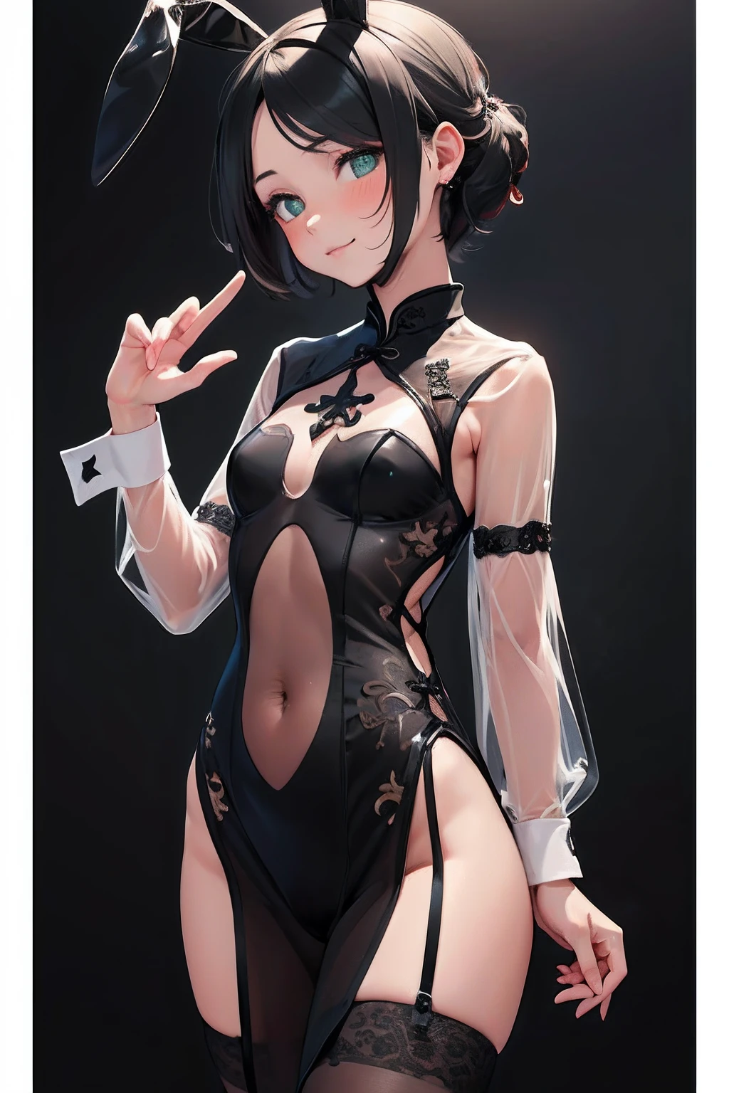 ((masterpiece,best quality)), highres, extremely detailed 8K wallpaper, depth_of_field, best shadow, (Colorful),(Delicate eyes and face), nice hand, Perfect hands, (no lighting), Ray tracing, BREAK
(1girl in), mogami \(kancolle\), black hair, short hair, black eyes / green eyes, swept bangs, small breasts, slender, skinny, smile, (full-face blush), BREAK,
((detailed black ((see-through)) china dress and gothic_bunny leotard:1.5)), (black stockings:1.2), sexy, BREAK,
(cowboy shot and knee:1.5), stomach focus, ((chinese bar)), night time, (dark backgrounds:1.3),