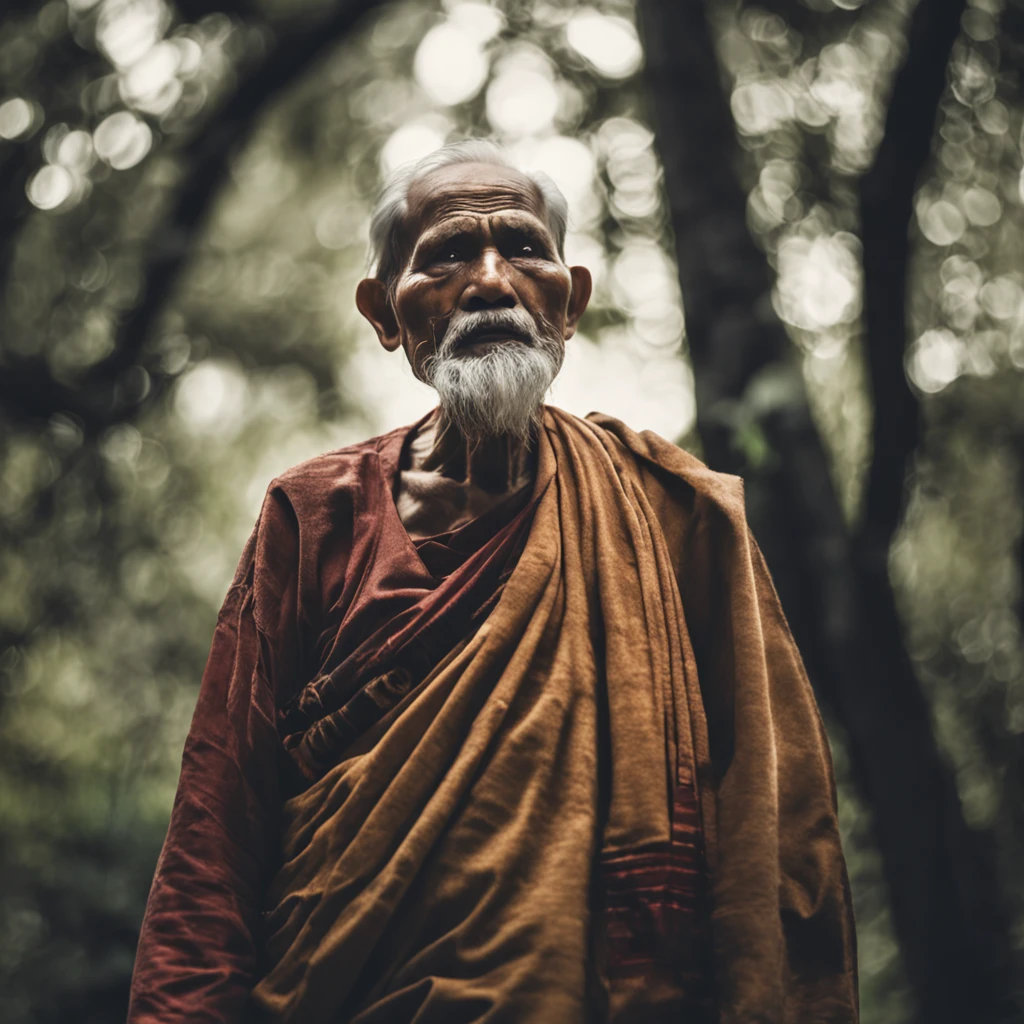 man standing in the forest watching, holy man looking at the mountains, wise old man, elderly man, portrait photo, old man, asian man, peaceful expression, portrait photo of an old man, , head in the clouds , Wise Old Indian Guru, Unsplash Contest Winning Photo,Ancient, Wise