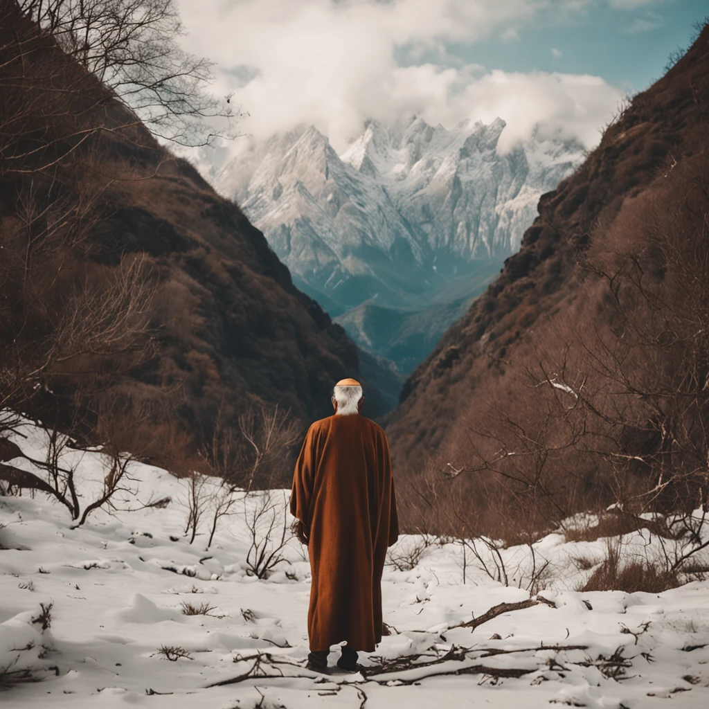 man standing in the forest watching, holy man looking at the mountains, wise old man, elderly man, portrait photo, old man, asian man, peaceful expression, portrait photo of an old man, , head in the clouds , Wise Old Indian Guru, Unsplash Contest Winning Photo,Ancient, Wise