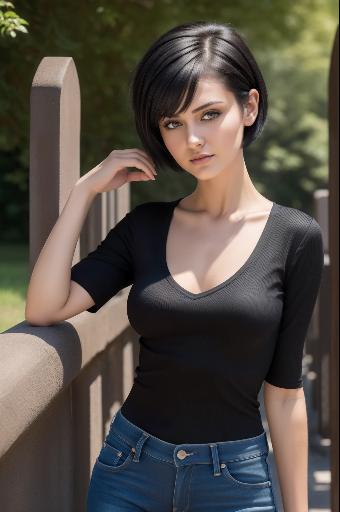 ultra realistic, a close up of a woman in a black dress posing for a picture, short black pixie like hair, anastasia ovchinnikova, black short hair, short black pixie cut hair, with short hair, olga buzova, short black hair, alina ivanchenko, short dark haircut, pixie cut, pixie haircut, julia gorokhova, short dark hair, Masterpiece, (tight v-neck tshirt and low rise jeans), (medium breasts), (perfect body), (short black hair), outside, (skin texture:1.1), best quality, ultra high res, Raw photo, bright sunlight, film grain:1.2,