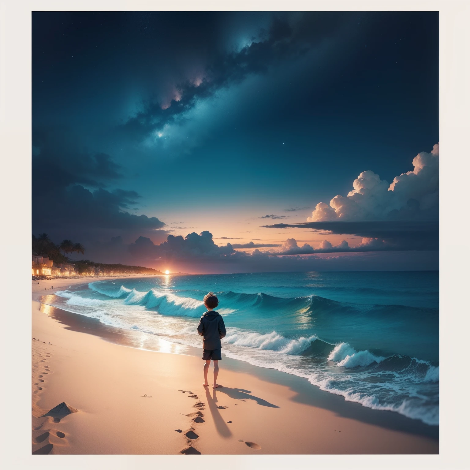 Draw up a scene that captures the moment when the kid is alone on the beach of the Island of Treasures of Imagination, looking at the vast horizon and full of possibilities. The scene should convey the night the sense of accomplishment and the understanding that the true journey is just beginning