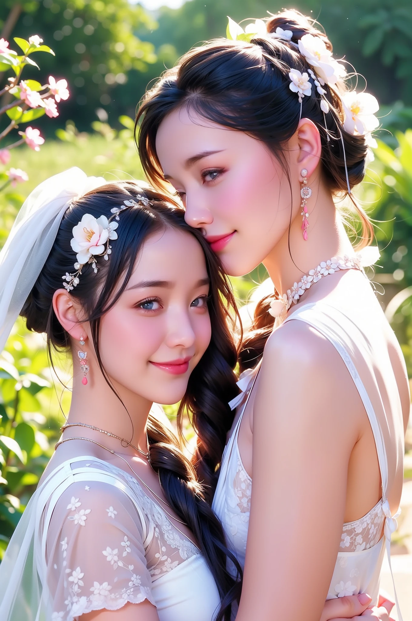 Only the smile of 2 cute girls,duo,Correct human anatomy,Milky white skin,Floral ribbon hair ornament,Underage girls,Sky gardens