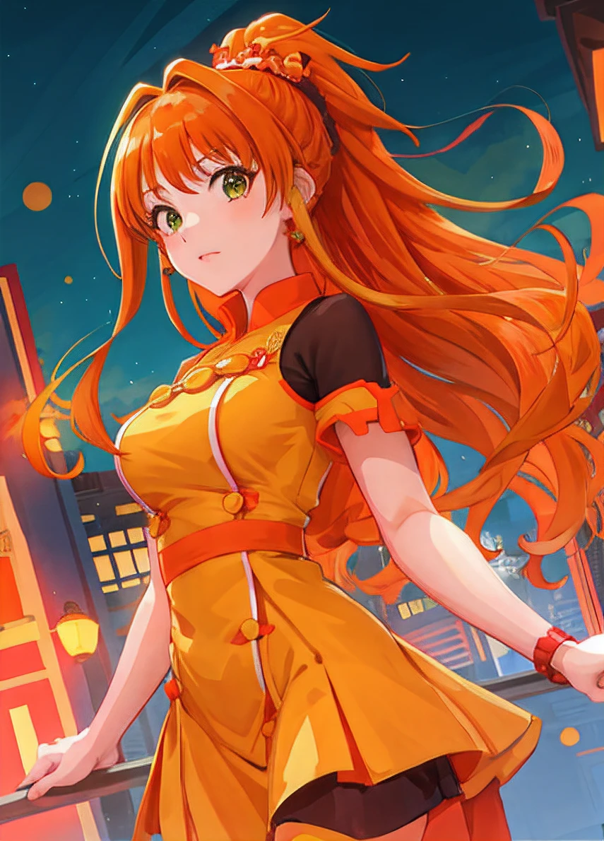 beautiful lighting, hino_akane_\(idolmaster\), 1girl, long hair, high ponytail, orange hair, green eyes, upper body, teen, fire