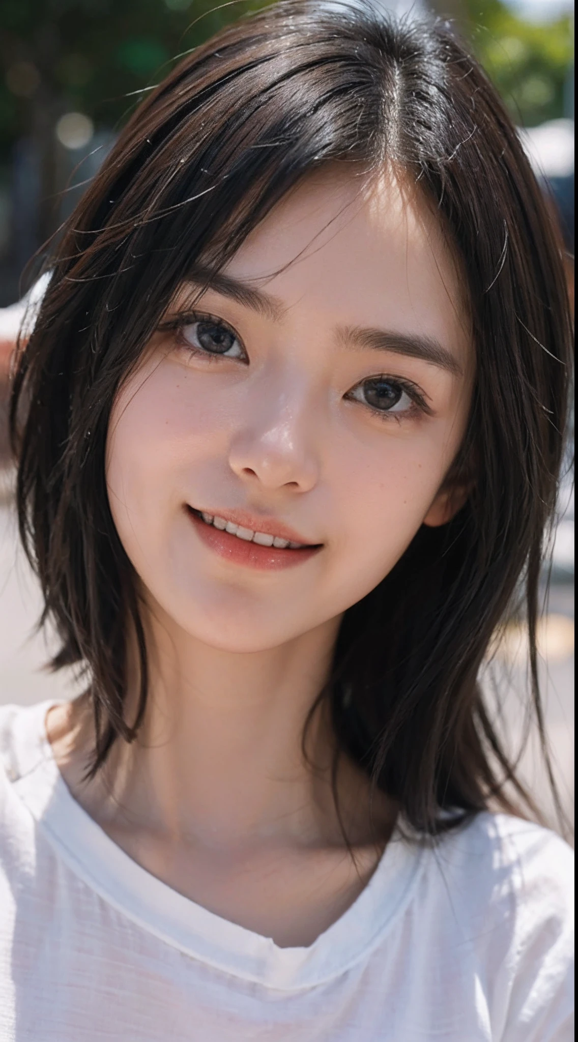 masterpiece、one beautiful women、A detailed face、A detailed eye、Detailed skin、top-quality、japanes、Illuminated from the front with bright lighting、profetional lighting、Always face straight ahead、The background is a little blurry、24 year old、The background is a cruiser floating in the clear South Atlantic Ocean、Wearing a rock and punk t-shirt、a smile、short-cut、Band Girl、The double teeth are cute.、