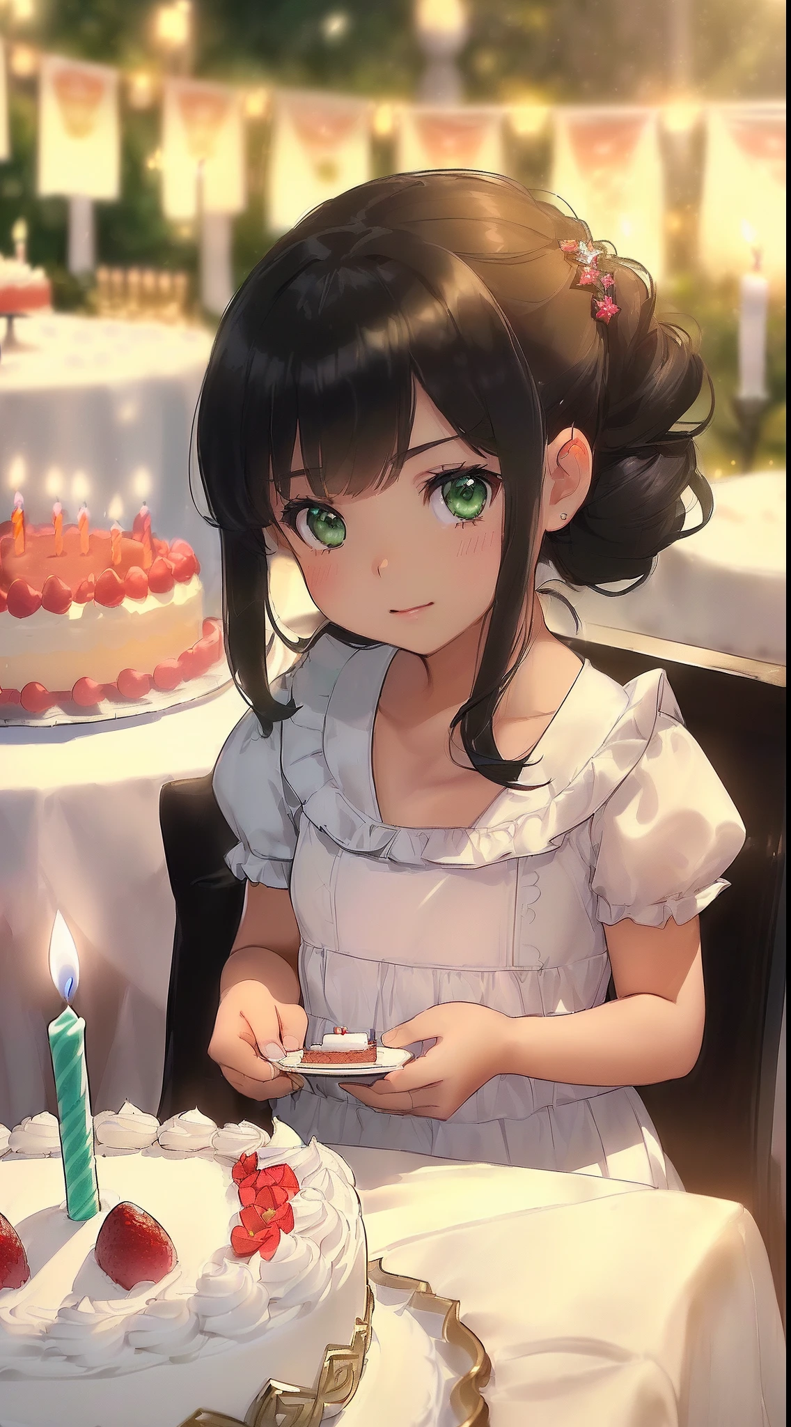 (((((( and little boy)ime, ( Green eyes), (black hair), Nice face, ssmile, hair up to the shoulders, straight hair, square, (((morena))), ((tmasterpiece, beste-Qualit)), illustartion, Ультра деталпазированная 8k, Photorealistic, sharp-focus, higly detailed, Professional lighting, casual wear, gala wear, Family celebration, birthday party, a cake, candle lights, table with food, Guests, children , taw, Gifts