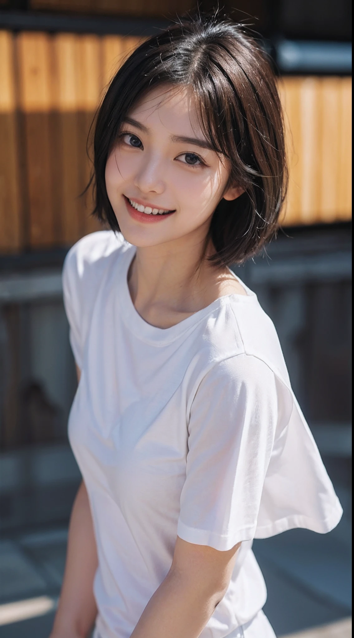 masterpiece, 8K, high resolution, solo, highly detailed face, girl 1 person, 5 , smiling, looking viewer, white t-shirt, photo, realistic, top quality, detailed face, white background, diffused lighting, black eyes, short cuts, black hair, facing forward, putting the whole face with upper body, narrow eyes
