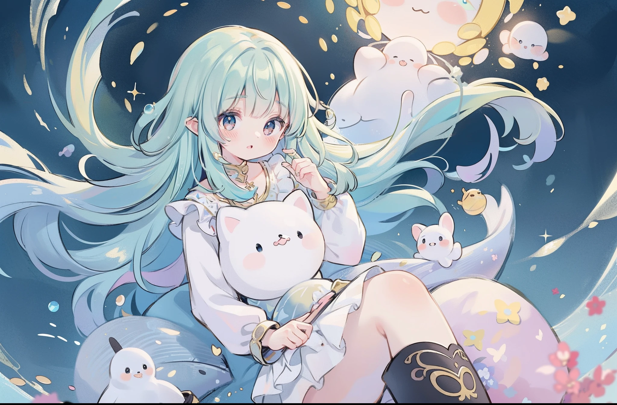 masterpiece, best quality, 8k resolution, sharp focus, intricate detail, beautiful girl, sparkling eyes, golden ratio face, otherworldly liquid, watercolor, muted colors, bright colors, whimsical, colorful, sharp focus, high resolution, fine detail, ((layered tiered puffy long sleeves ballgown)), ((round eyes)), iridescent bubbles, fantasia background