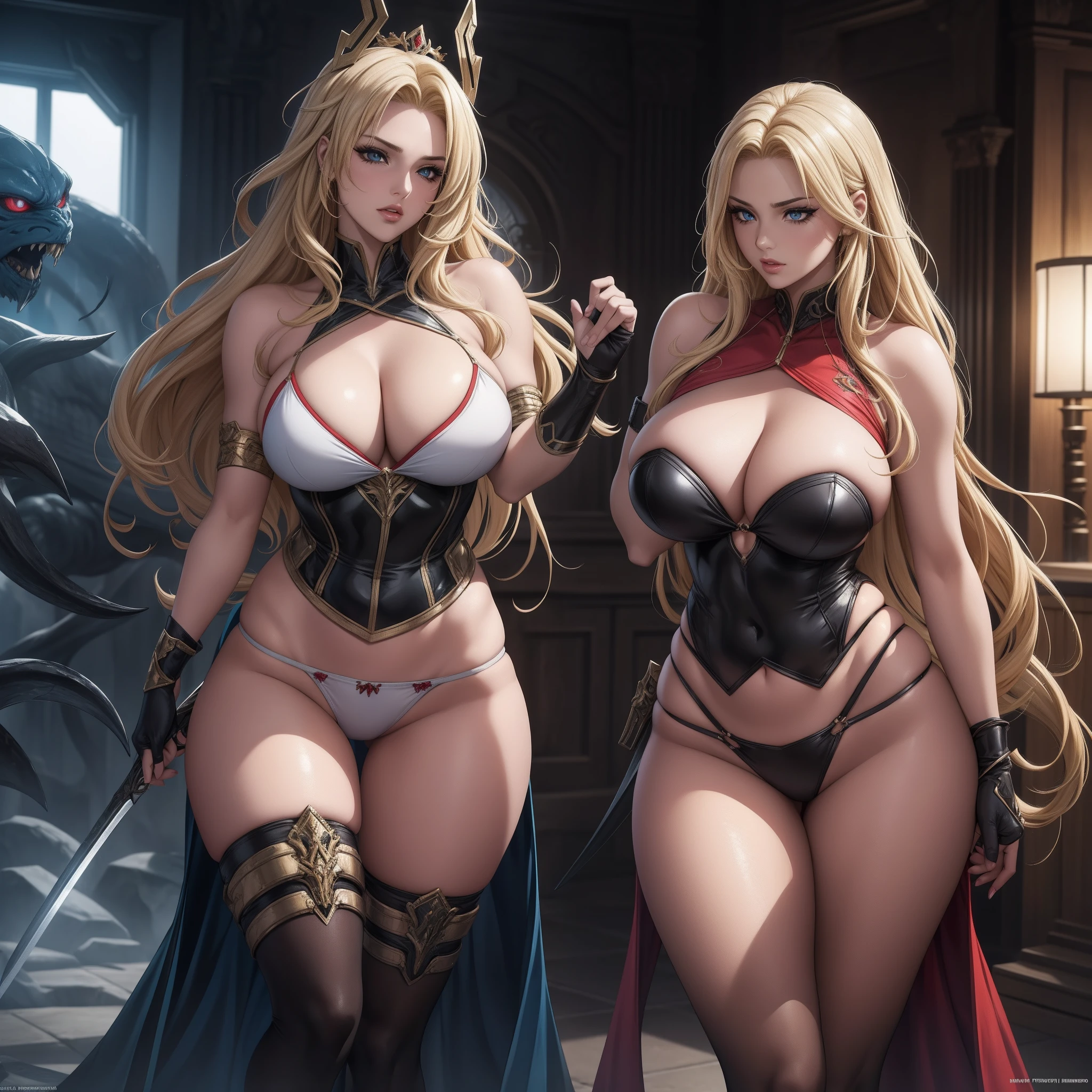 low angles、((masutepiece,top-quality,8K,))),((Blonde gal who is adored by an amorous tentacle monster)))),(((Perfect blonde hair,length hair、Wavy Hair)))、((Gorgeous beauty))、(Sensual look、AHEGAO), ((Photorealistic perfect body))、Glamour、a beauty、((makeups、lipsticks、eye liner、mascara、eyeshadows:1.1))、Dark skin,(shinny skin)、「In a fictional scenario, the gal-style beauties find themselves in a daring and empowered situation. Donning the attire of fierce swordswomen, they wear alluring bikini armor costumes that reflect their confidence and strength.
As they navigate a fantastical world, their path leads them into a perilous encounter with a monstrous entity composed of amorphous and curious tendrils. The atmosphere grows tense as the creatures approach, their tendrils moving with an unsettling, mesmerizing rhythm.
Undeterred by the unexpected threat, the heroines' eyes meet, and a silent agreement passes between them. With a synchronized, powerful move, they deftly draw their swords and engage in a dynamic dance of combat against the enigmatic and provocative adversary.
Each strike of their blades is imbued with skill and determination, as they work together to fend off the invasive creature's advances. The tendrils attempt to ensnare them, but their quick reflexes and strategic maneuvers keep them out of reach.
Despite their initial vulnerability, the women prove their resilience. They channel their inner strength, their forms a testament to both their physical prowess and their unyielding willpower. As the battle unfolds, the allure of their bikini armor becomes a symbol of their confidence and prowess, a nod to their ability to embrace their sensuality while remaining focused on their mission.
Amidst the struggle, they gradually gain the upper hand. With a final, powerful strike, they manage to incapacitate the monstrous creature, effectively ending the confrontation.
Breathing heavily but victorious, the heroines stand triumphant, their bikini armor bearing