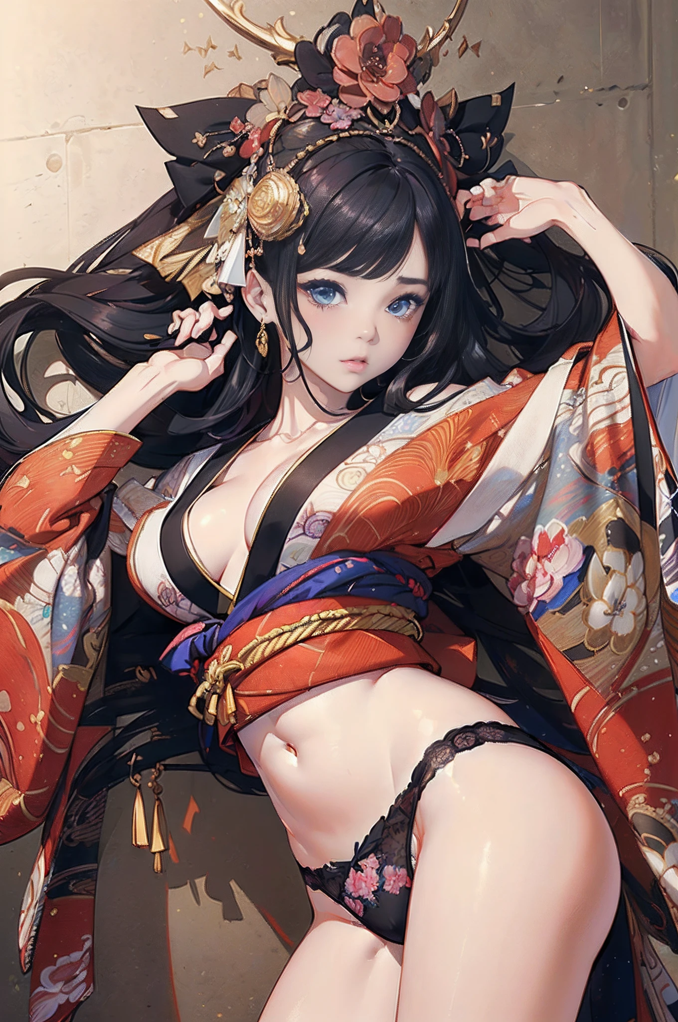 (((master piece))),(hyper quality::1.5), Hyper Detailed,Perfect Drawing 3D,8K Illustration、(((clearface)))、Hi-Res、Beautiful skins、Lustrous hair、(((beautiful kimonos)))、Luxury underwear、Beautiful underwear、(((Detailed drawing)))、Perfect Beautiful Girl、((Perfect Photo))、((emotional))、((Luxury))、spot light