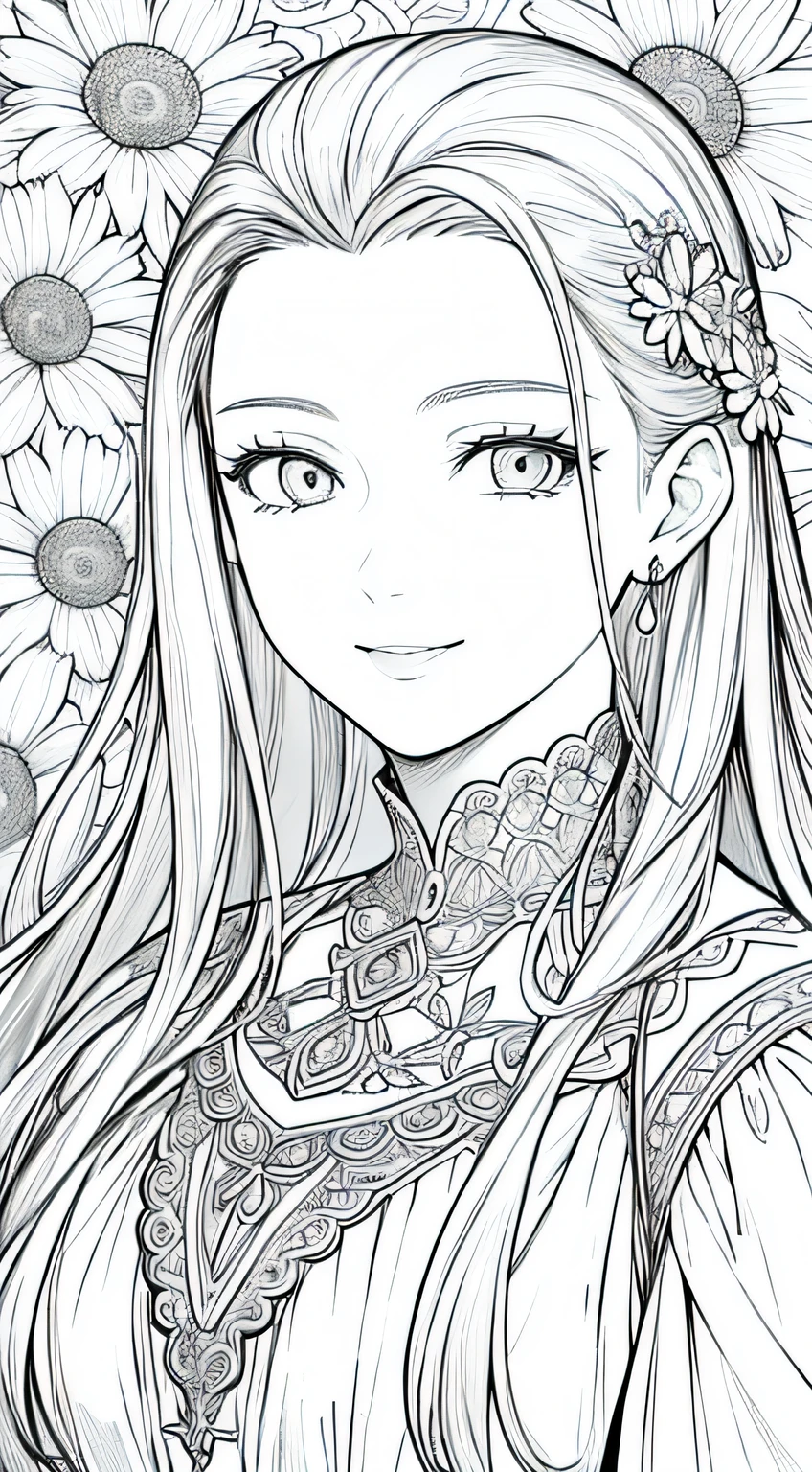 Masterpiece, best quality, (detailed background), high contrast, 1 girl, highly detailed face, wide shot portrait, smiling face, magnificent dress, looking to the sky, flower background, clean line drawings,