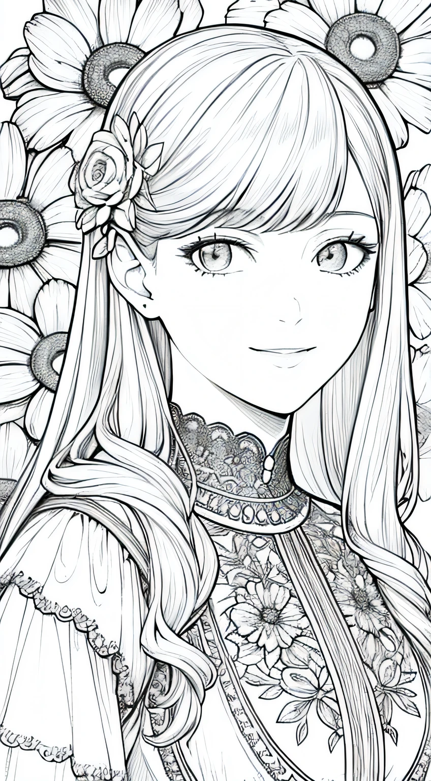 Masterpiece, best quality, (detailed background), high contrast, 1 girl, highly detailed face, wide shot portrait, smiling face, magnificent dress, looking to the sky, flower background, clean line drawings,