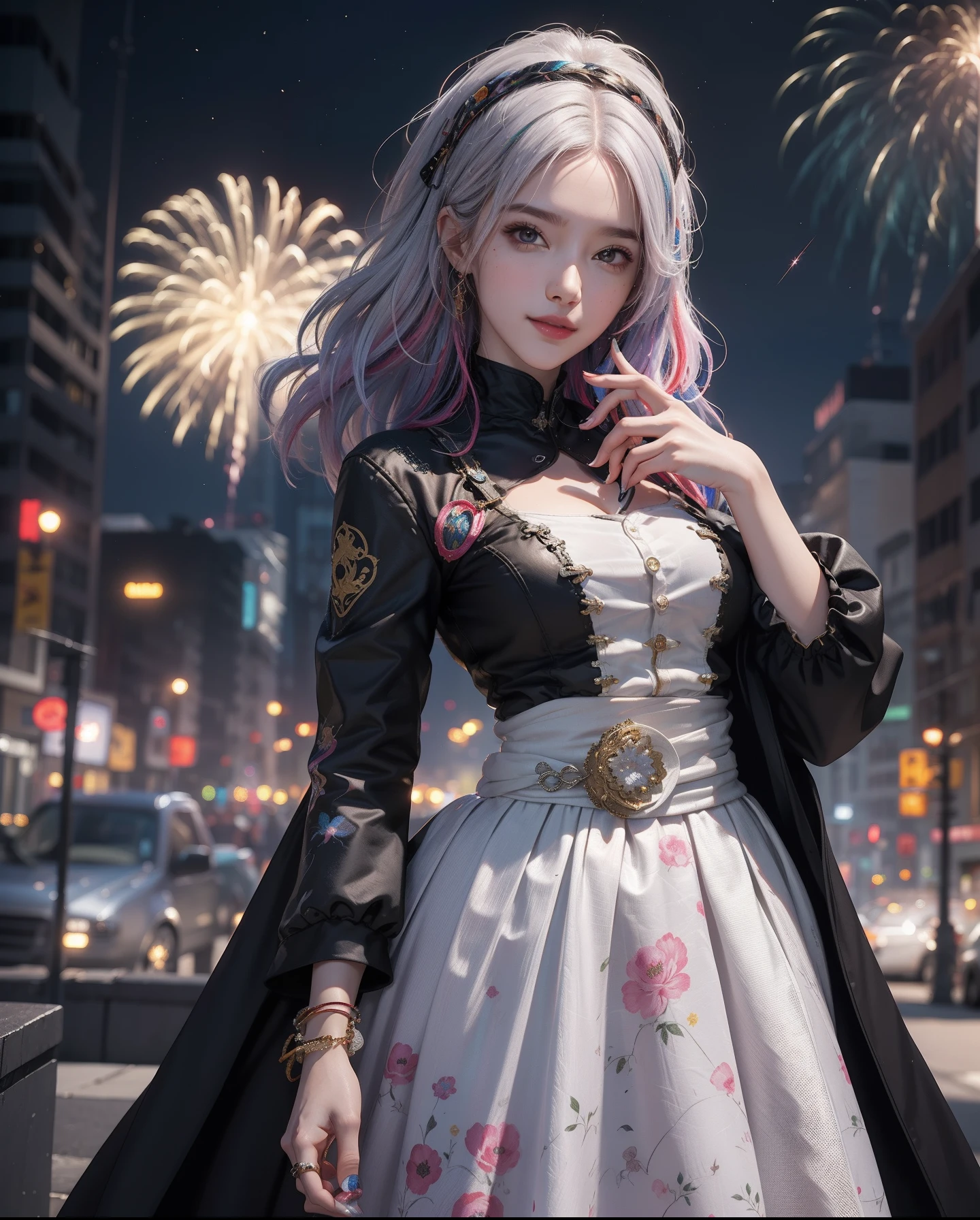 ((Fireworks display seen from space)),Fireworks are the main composition,Fireworks display beyond imagination,innocent smiles、eye glass、Never seen、Seven colors,(1girl in, Solo:1.6),(Cute smile),(Clothes are simple), (Best Impact:1.5), (maximalism:1.7), Vivid contrast, (Realistic), hyperrealistic illustrations, hight resolution, ultra-detailliert, absurderes,(Fractal Art:1.3)、Random hairstyle、Random hair color colorful、FULL BODYSHOT、Retro、Precise focus、randome pose、cinema4d、Drama