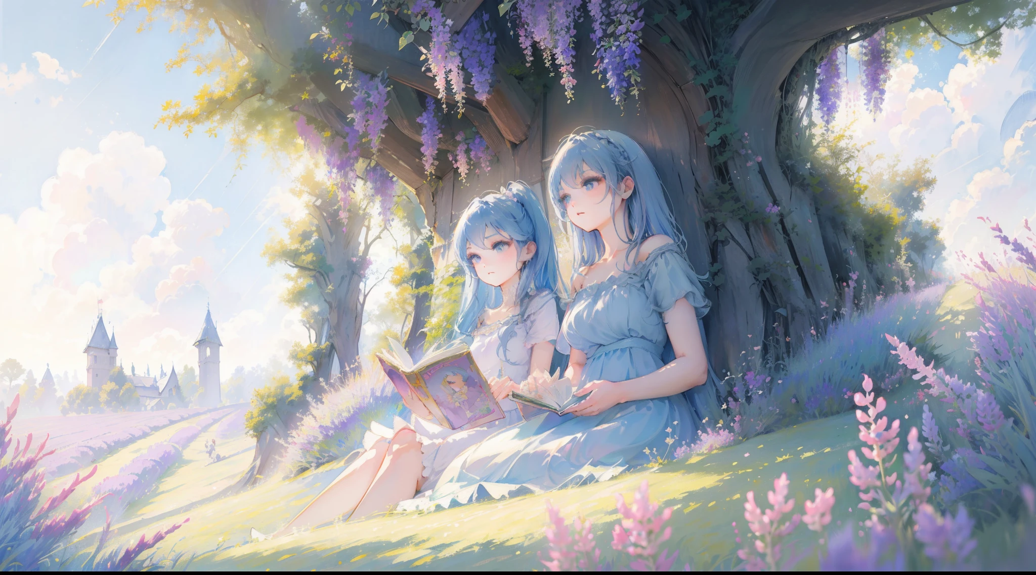 Two anime girls sitting in the grass and field of lavender in front of fantasy castle, one with white haired long braids and wearing blue princess dress and another one is blue haired long side ponytail and wearing deep violent dress , ((both long hair )), shining hair deity, 8k detailed high quality artwork, fantasy artwork, anime fantasy artwork, high quality fantasy art,detailed hair and dress,detailed fantasy background, beautiful anime artwork, girls in cute dress,one with silver hair and another one is with blue hair, masterpiece art,detailed background, high quality wallpaper, flower field background , elegant and delicate girls,reading book pose, tea party,yuri