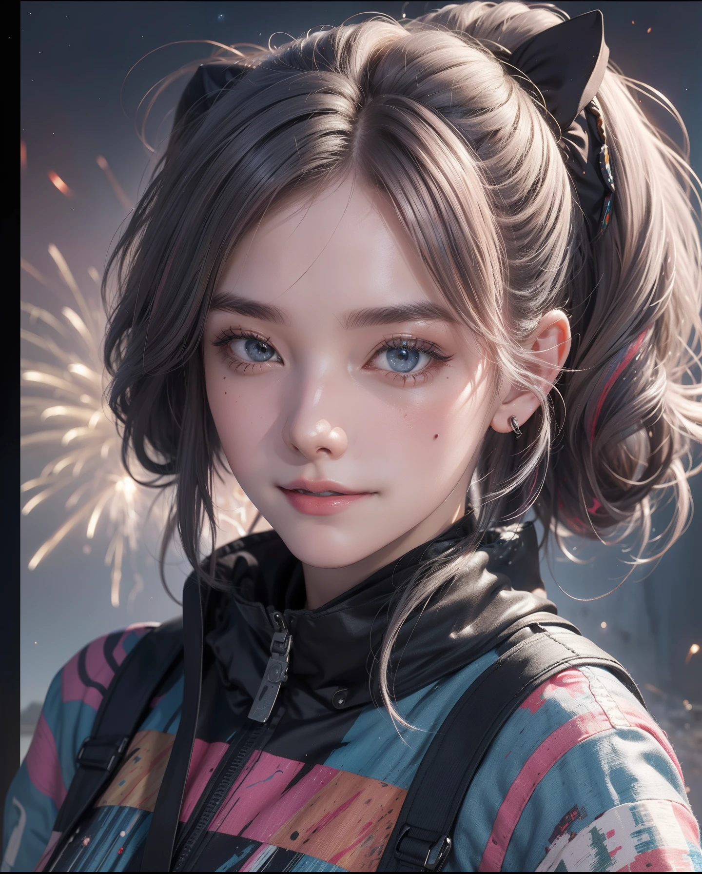 ((Fireworks display seen from space)),Fireworks are the main composition，Fireworks display beyond imagination，innocent smiles、eye glass、Never seen、Seven colors,(1girl in, Solo:1.6),(Cute smile),(Clothes are simple), (Best Impact:1.5), (maximalism:1.7), Vivid contrast, (Realistic), hyperrealistic illustrations, hight resolution, ultra-detailliert, absurderes,(Fractal Art:1.3)、Random hairstyle、Random hair color colorful、FULL BODYSHOT、Retro、Precise focus、randome pose、cinema4d、Drama