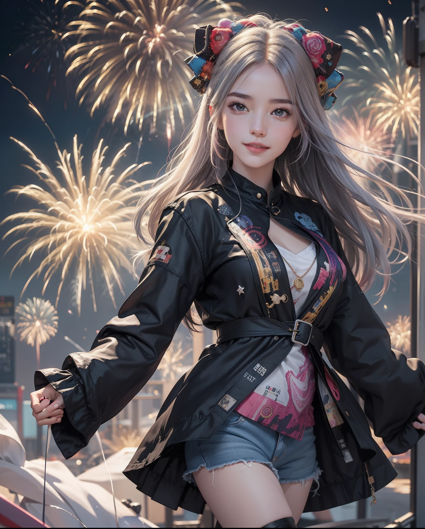 ((Fireworks display seen from space)),Fireworks are the main composition，Fireworks display beyond imagination，innocent smiles、eye glass、Never seen、Seven colors,(1girl in, Solo:1.6),(Cute smile),(Clothes are simple), (Best Impact:1.5), (maximalism:1.7), Vivid contrast, (Realistic), hyperrealistic illustrations, hight resolution, ultra-detailliert, absurderes,(Fractal Art:1.3)、Random hairstyle、Random hair color colorful、FULL BODYSHOT、Retro、Precise focus、randome pose、cinema4d、Drama