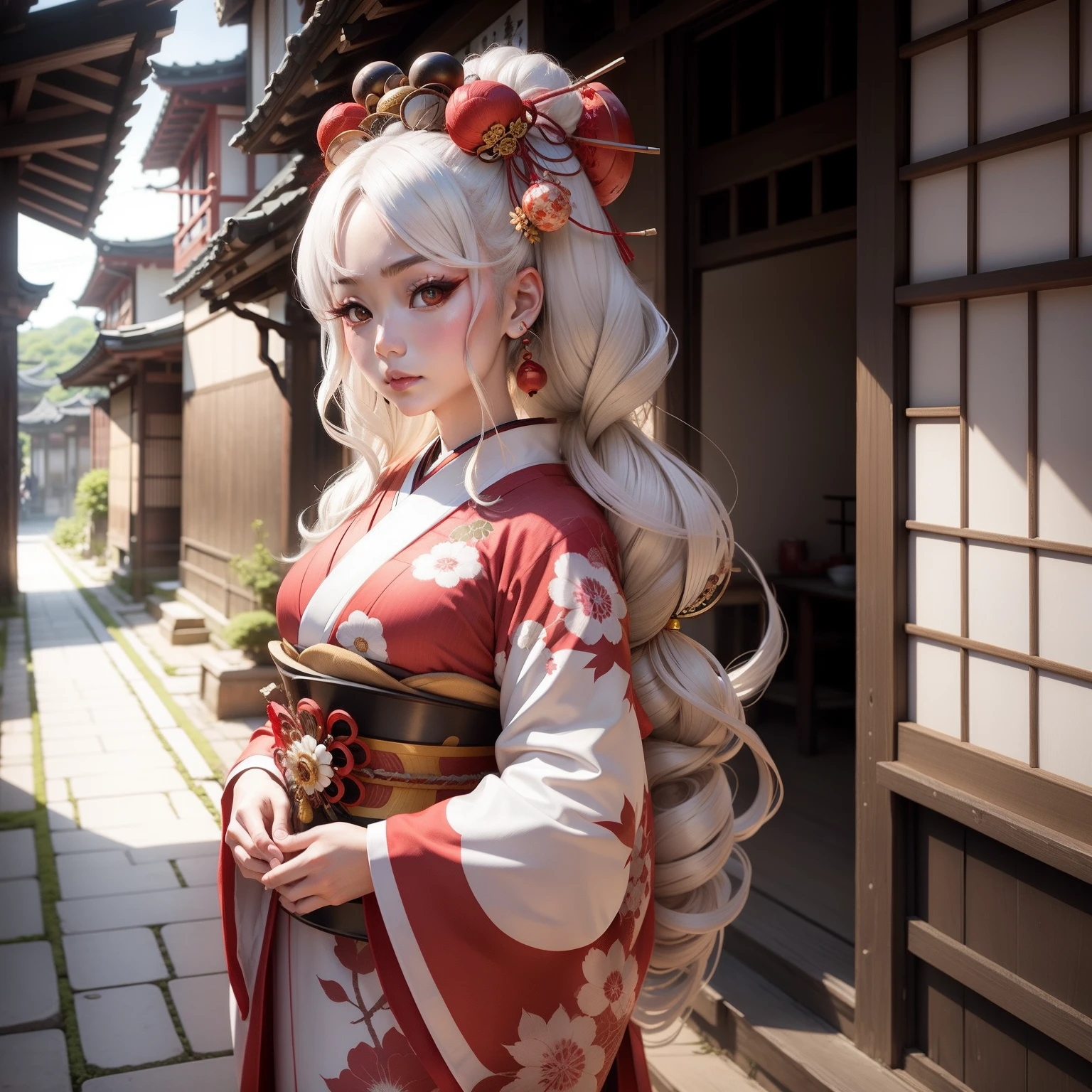 Oiran Woman、Big eyes、hair adornments、White kimono、very beautif、As in the photo、disheveled hair、Townscape of the Edo period、