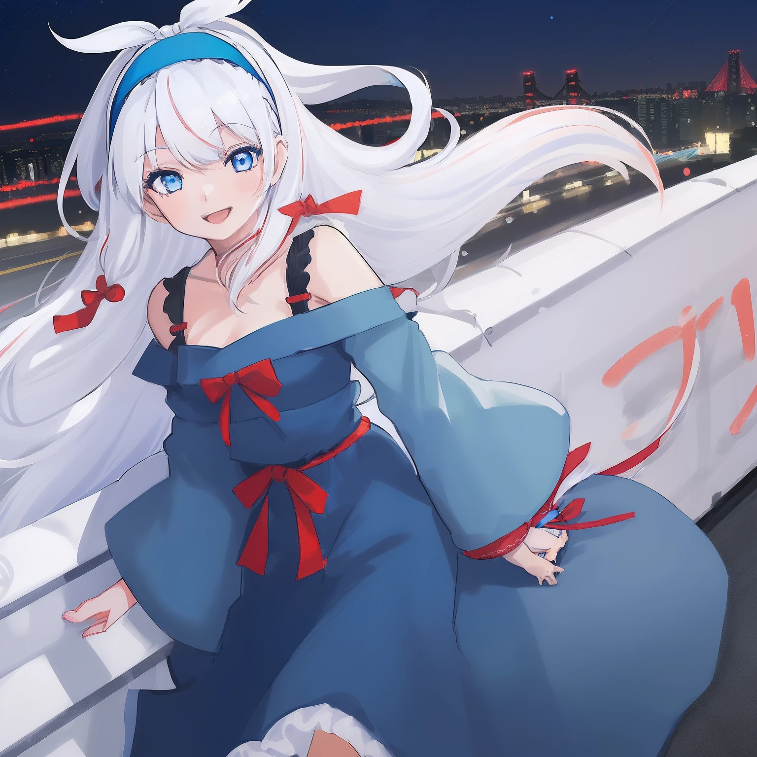 ((((1 girl)))), ((((solo)))), fullbody, off shoulder cut out, japanese sleeve, lace_tee, red ribbon, wide leg pants, ((((white hair)))), ((((blue eyes)))), long hair, happy, smile, 18 year old, dynamic angle, ((((blue hairband)))), in the tokyo, road, night