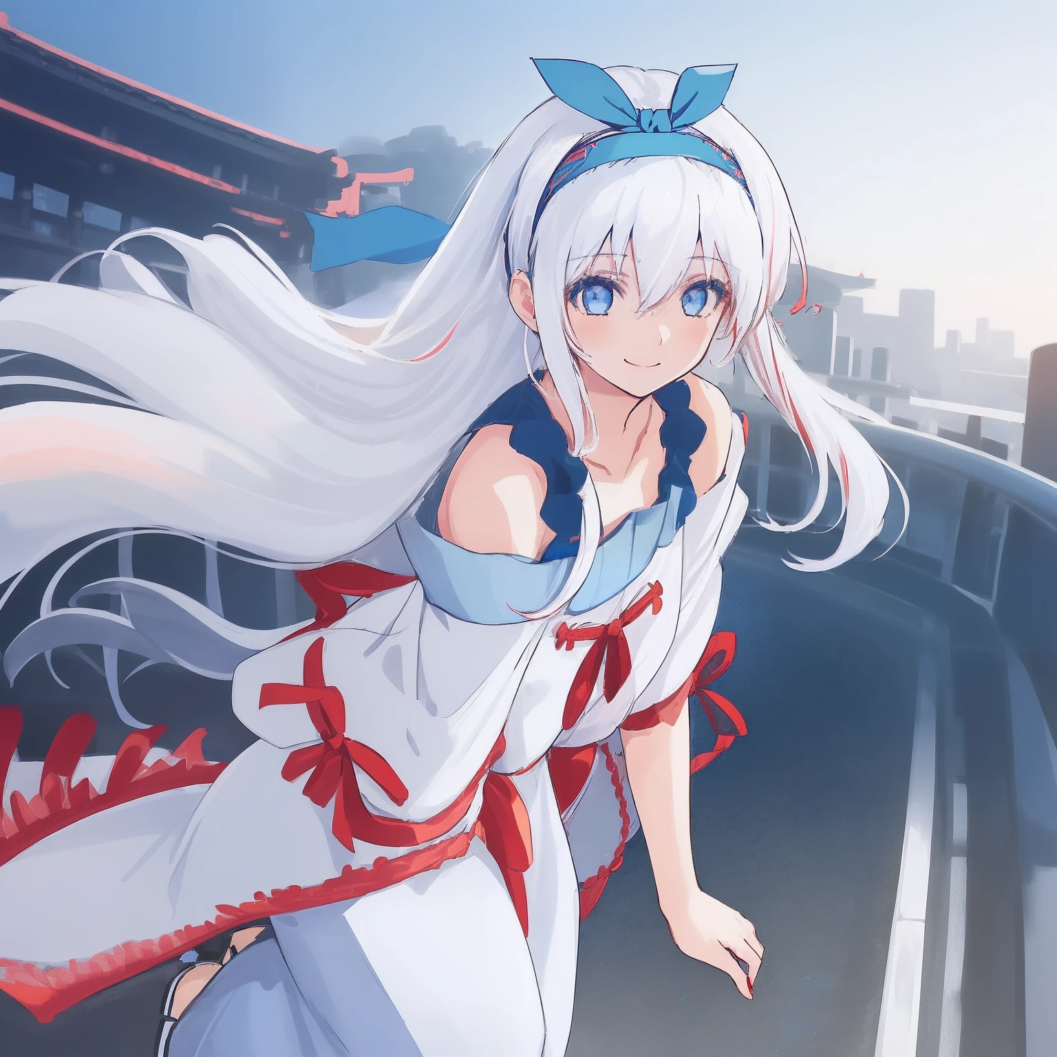 ((((1 girl)))), ((((solo)))), fullbody, off shoulder cut out, japanese sleeve, lace_tee, red ribbon, wide leg pants, ((((white hair)))), ((((blue eyes)))), long hair, happy, smile, 18 year old, dynamic angle, ((((blue hairband)))), in the tokyo, road, night