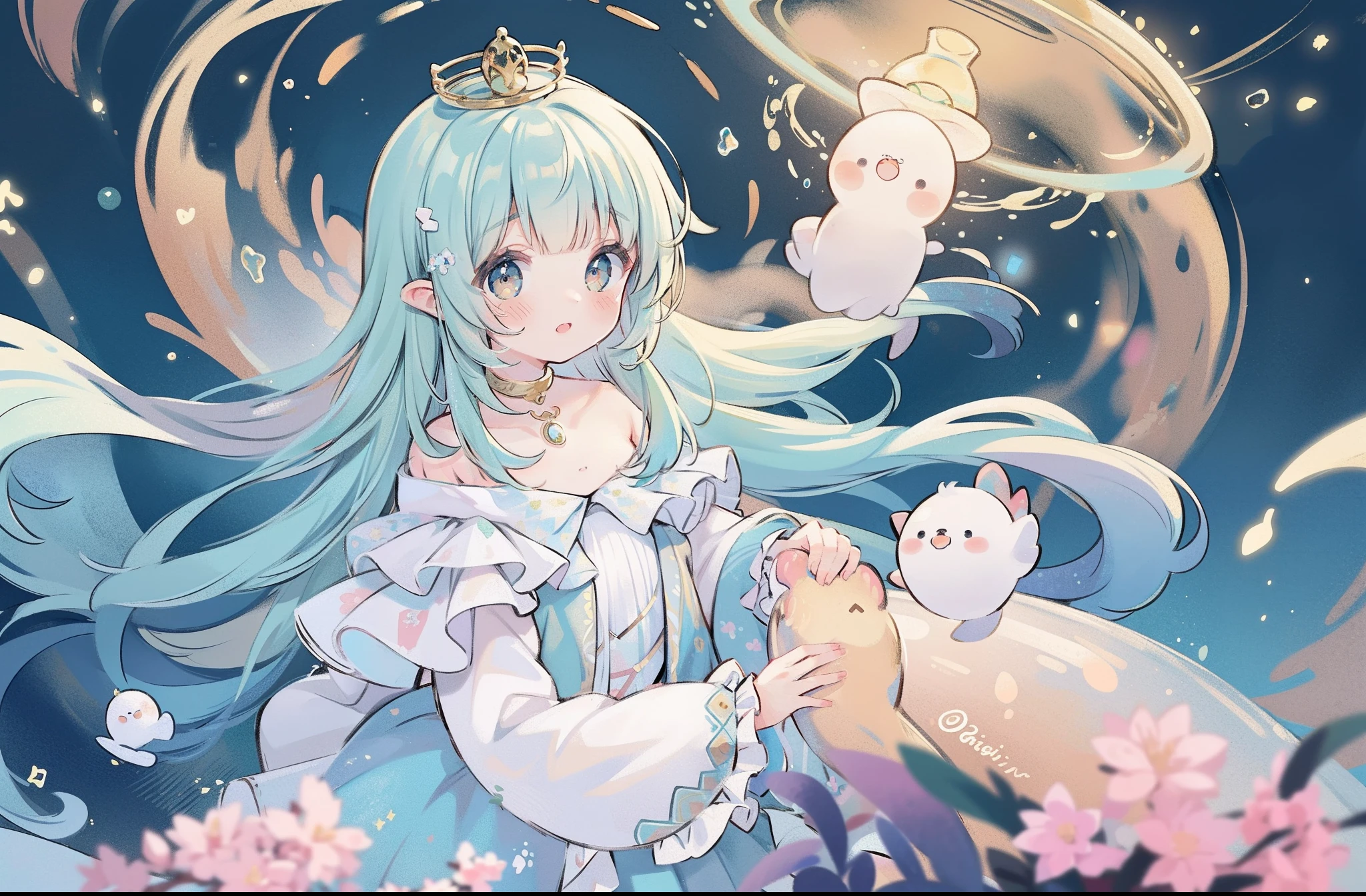 masterpiece, best quality, 8k resolution, sharp focus, intricate detail, beautiful girl, sparkling eyes, golden ratio face, otherworldly liquid, watercolor, muted colors, bright colors, whimsical, colorful, sharp focus, high resolution, fine detail, ((layered tiered puffy long sleeves ballgown)), ((round eyes)), iridescent bubbles, fantasia background