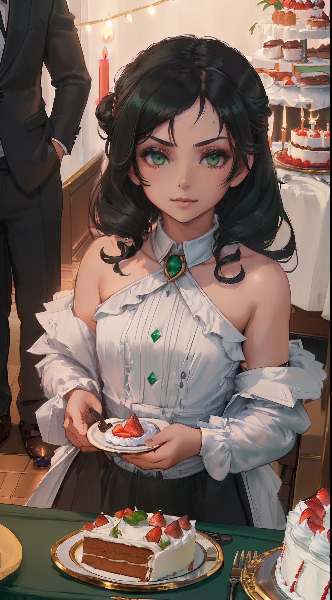 ((((((Little girl and little boy))), the anime, ( Green eyes), (black hair), Nice face, ssmile, hair up to the shoulders, straight hair, square, (((morena))), ((tmasterpiece, beste-Qualit)), illustartion, Ультра деталпазированная 8k, Photorealistic, sharp-focus, higly detailed, Professional lighting, casual wear, gala wear, Family celebration, birthday party, a cake, candle lights, table with food, Guests, children , taw, Gifts