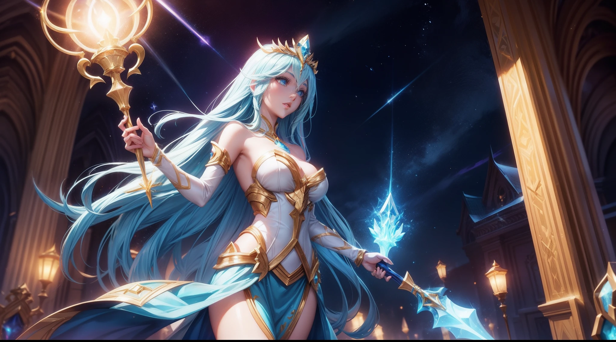 Lux from League of Legends, fair-haired, blue-eyed, elegantly dressed, very bright shining scepter in hand, goddess of light, riot games splash art