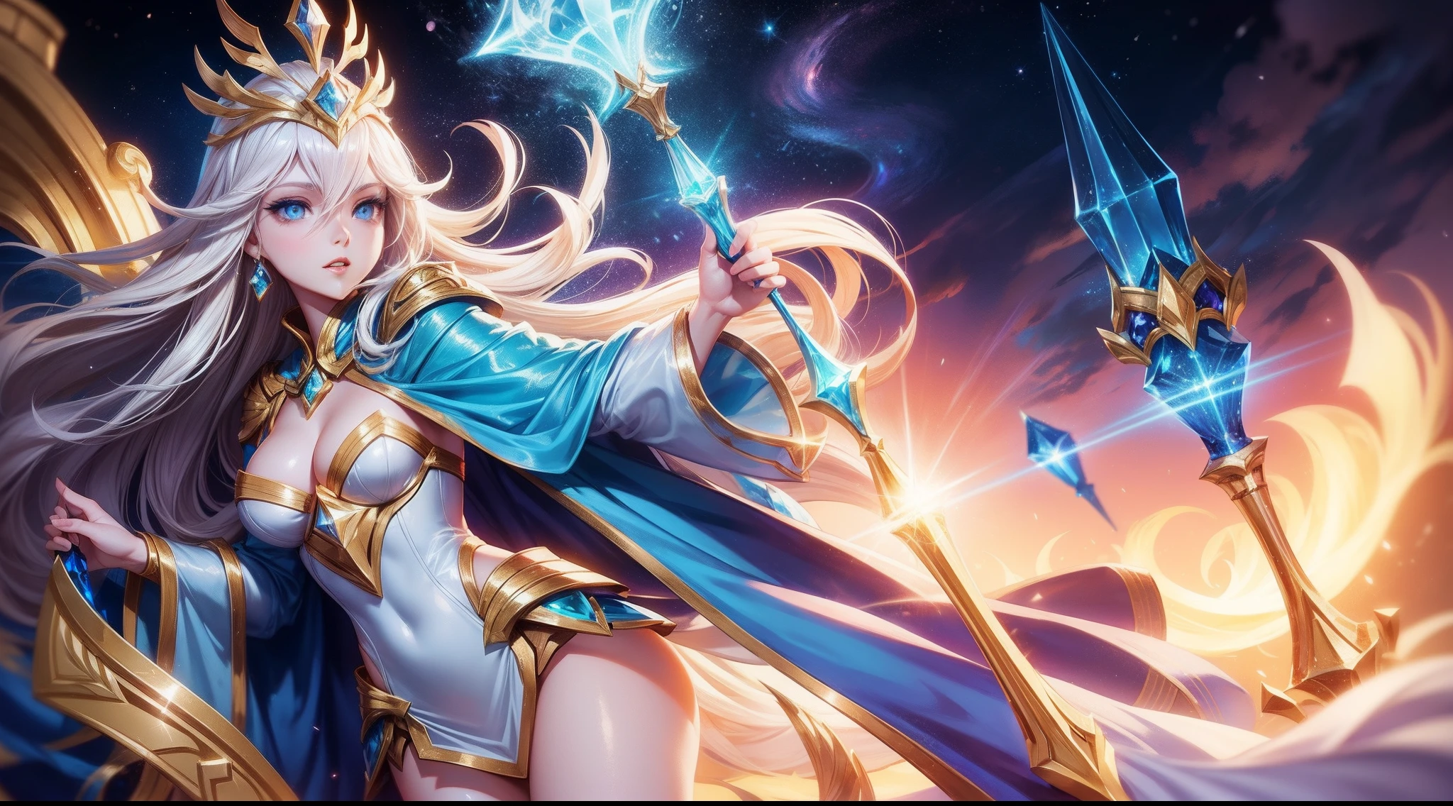 Lux from League of Legends, fair-haired, blue-eyed, elegantly dressed, very bright shining scepter in hand, goddess of light, riot games splash art