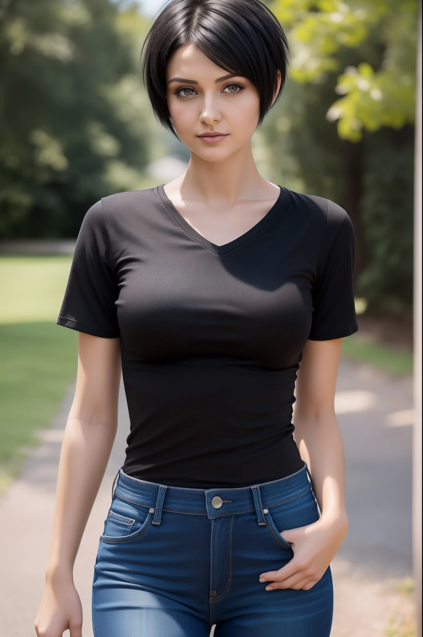 Foto hiperrealista en primer plano de Adriana Lima, masterpiece, best quality, (photorealistic:1.4), full body, (blue t-shirt dress:1.2) inside (blue midi midi pencil cotton skirt:1.2), bare legs, New York Central Park, cinematic light, beautiful woman, skinny, medium breasts, black short hair (bob short hair:1.2), detailed face, smile, facing the camera, photo taken from a distance, age of 16 years old