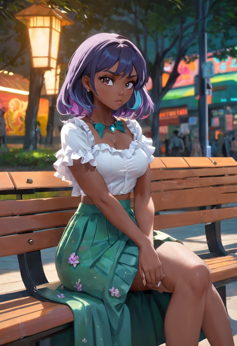 Zendaya photorealistic, ultra-realistic,3D, artstation, cgsociety, 8 k, award-winning photography of a beautiful woman sitting on a bench at the park, (fashion), (multi-color hair:1.2), cheekbones, detailed face, Dark skin tone, African, curvy, no clothing on, (see-through)) top, frill skirt colorful, vibrant, double eyelid,(Gigantic breast:1.5)