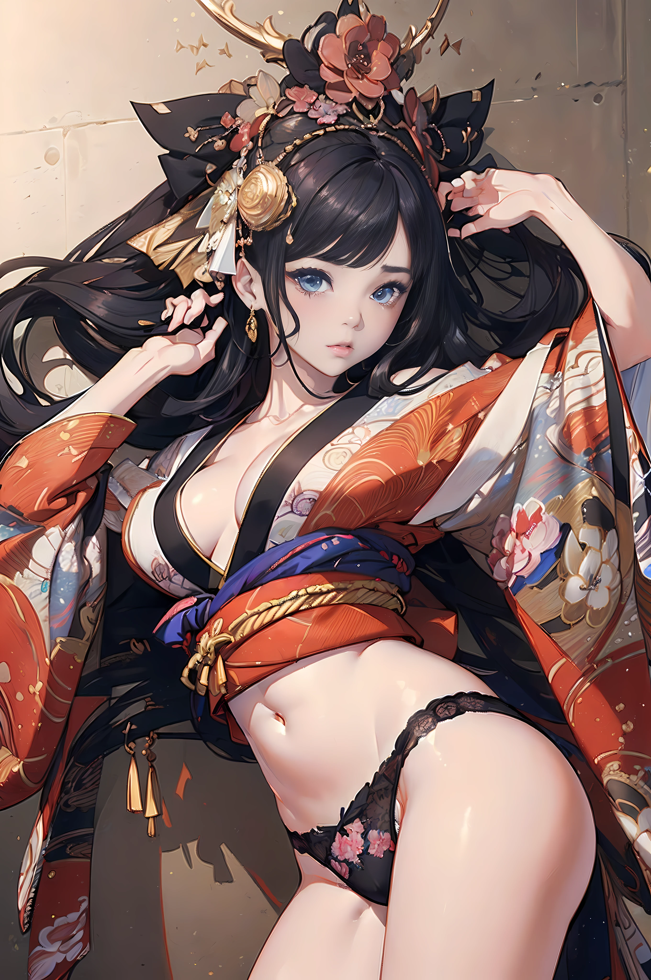 (((master piece))),(hyper quality::1.5), Hyper Detailed,Perfect Drawing 3D,8K Illustration、(((clearface)))、Hi-Res、Beautiful skins、Lustrous hair、(((beautiful kimonos)))、Luxury underwear、Beautiful underwear、(((Detailed drawing)))、Perfect Beautiful Girl、((Perfect Photo))、((emotional))、((Luxury))、spot light