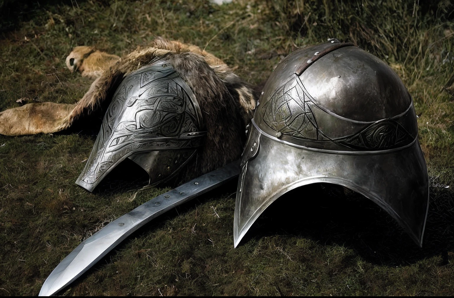 there is a helmet and a knife on the ground next to a bear skin, viking culture, viking armor, detailed viking armor, viking and templar aesthetics, viking attire, wearing norse armor, iron mask and helmet, wearing viking clothes, celtic norse frankish, medieval weapon, traditional roman armor, viking, viking style, medieval armour, early medieval, helm, historical armor