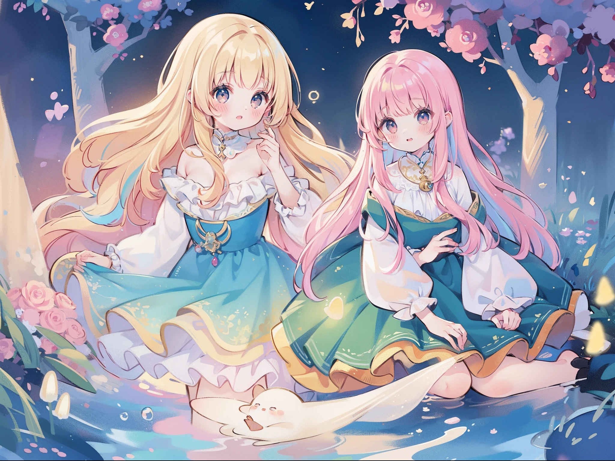 masterpiece, best quality, 8k resolution, sharp focus, intricate detail, beautiful girl, sparkling eyes, golden ratio face, otherworldly liquid, watercolor, sunset colors, bright colors, whimsical, colorful, sharp focus, high resolution, fine detail, ((layered tiered puffy long sleeves ballgown)), ((round eyes)), iridescent bubbles, fantasia background