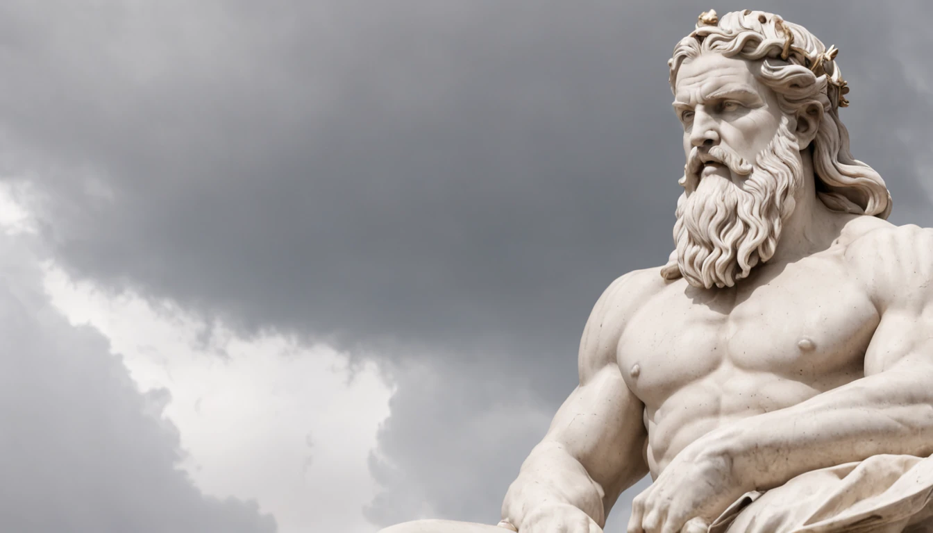 A regal Zeus, seated atop a throne of billowing clouds, his thunderbolt held in a powerful grip.