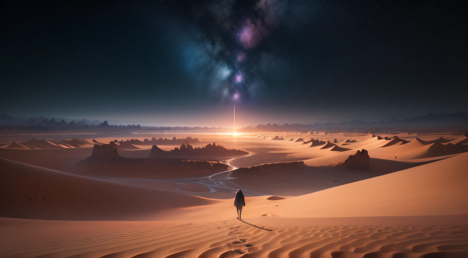 "A real photo landscape painting with unmatched reality, Desert, Sinister sky, Lotus, Starry night, Harry Potter, Volumetric lighting, Clearing, Realistic, James Gurney, artstation".