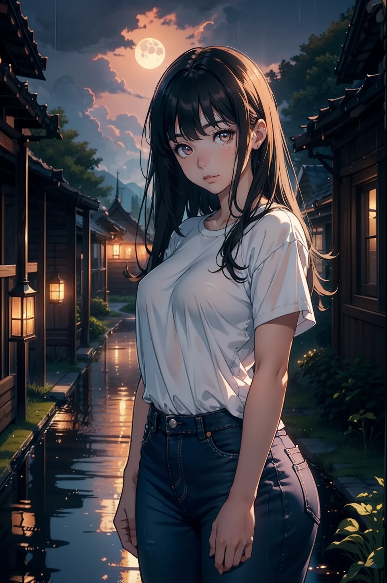 One girl, face happy, moon, 24-years, lantern, night, ground, Wide black t-shirt with white, jeans, Slightly chubby, nose is small, not too pointed, long hair, slightly wavy, boobs big, brown hair without bangs, water, outdoors, sky, full moon, rain, mountain, cloud, paper lantern, standing, night sky, tree, sideways, reflection, cloudy sky (masterpiece), (extremely detailed 8k CG wallpaper), top quality, ground, 1girl, cinematic lighting, intricate background, beautiful detailed eyes, shining pupils, (exquisitely delicate and lovely), (description of beautiful and detailed brown eyes), ultra-detailed, masterpiece).