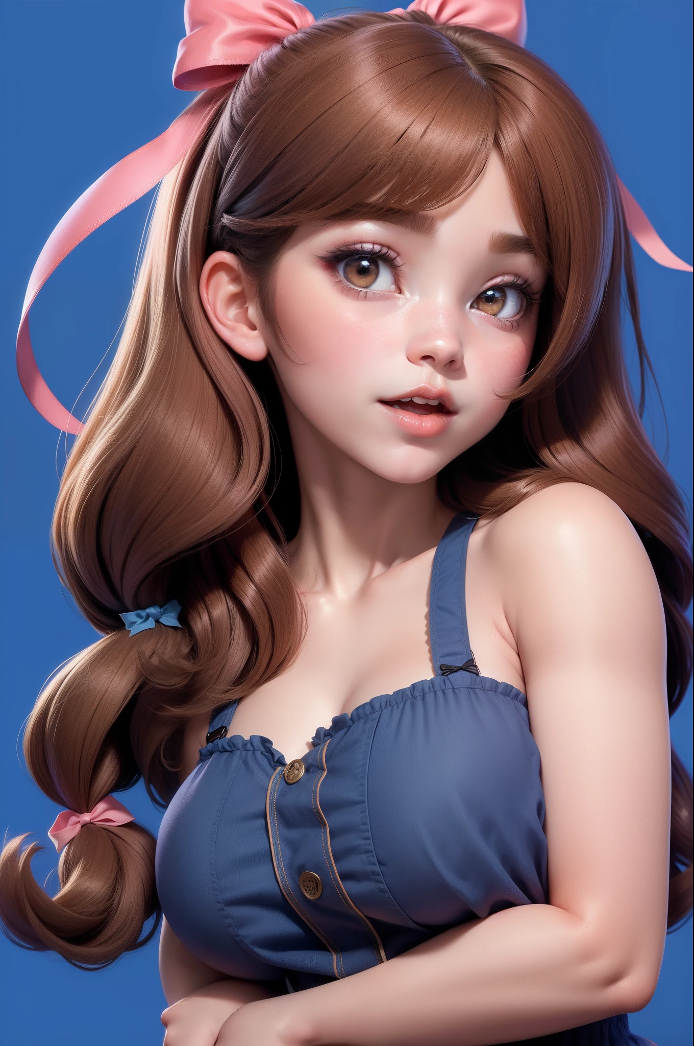 1girl,belle delphine, solo, hair, shirt, looking at viewer, blue background, brown hair, simple background, lips, open mouth, ribbon, hair ribbon, bangs, upper body, parted bangs, black ribbon, nose, gigantic breast, half naked