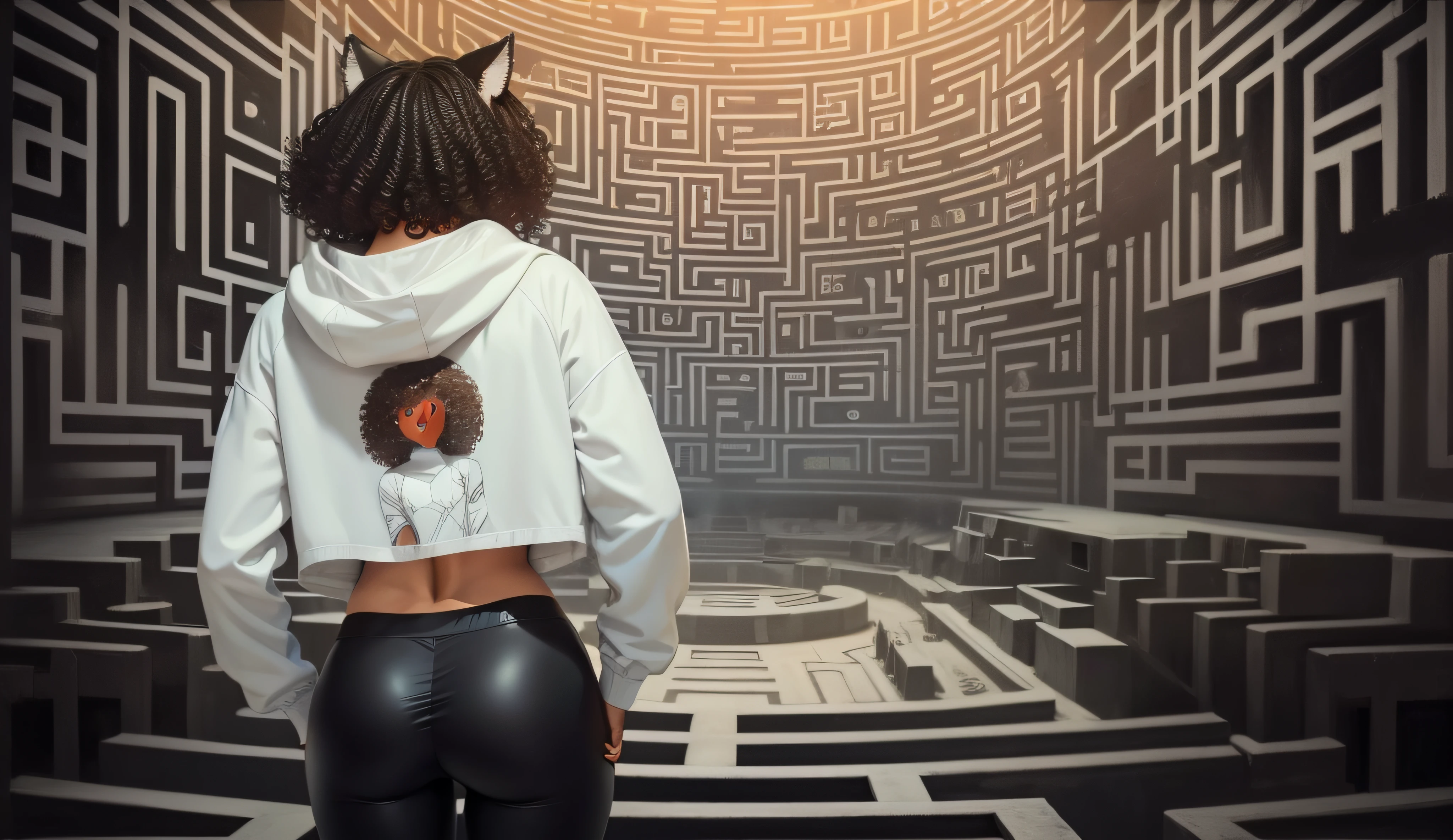 black girl with cat head and curly afro hairs cat ears, seen from the back wearing a cropped tracksuit with white cap, black leggings, facing an intricate labyrinth, mystical temple, magic labyrinth, technology equipment, sci-fi