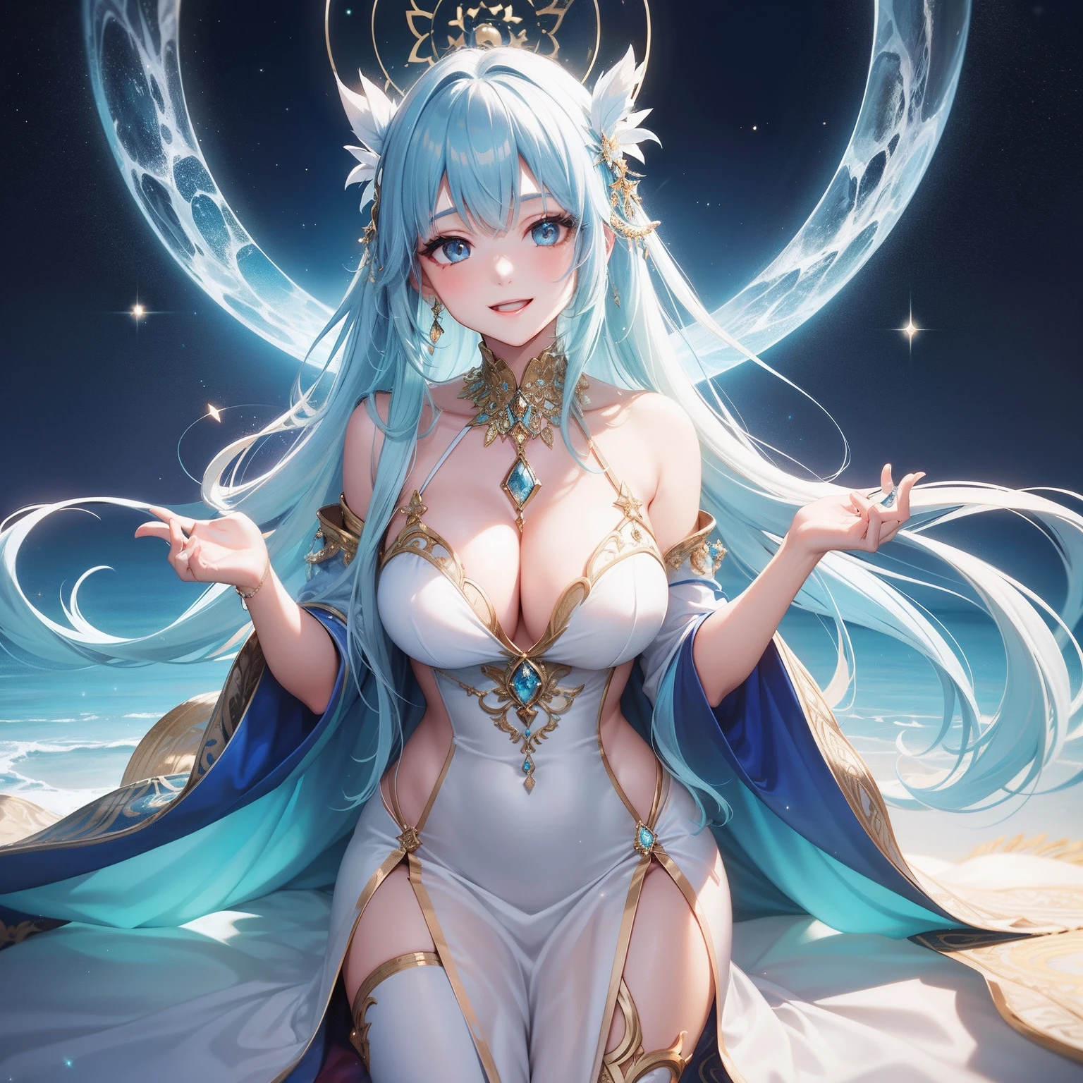 Cute Girl, Smile, Light blue long hair,  Vibrant colors, ethereal beauty, magical aura, seducting smile, Flowing gown, mystic atmosphere, Sparkling Crystal, Celestial Guidance, a captivating gaze, Otherworldly charm, captivating performance, Transcendent vocals