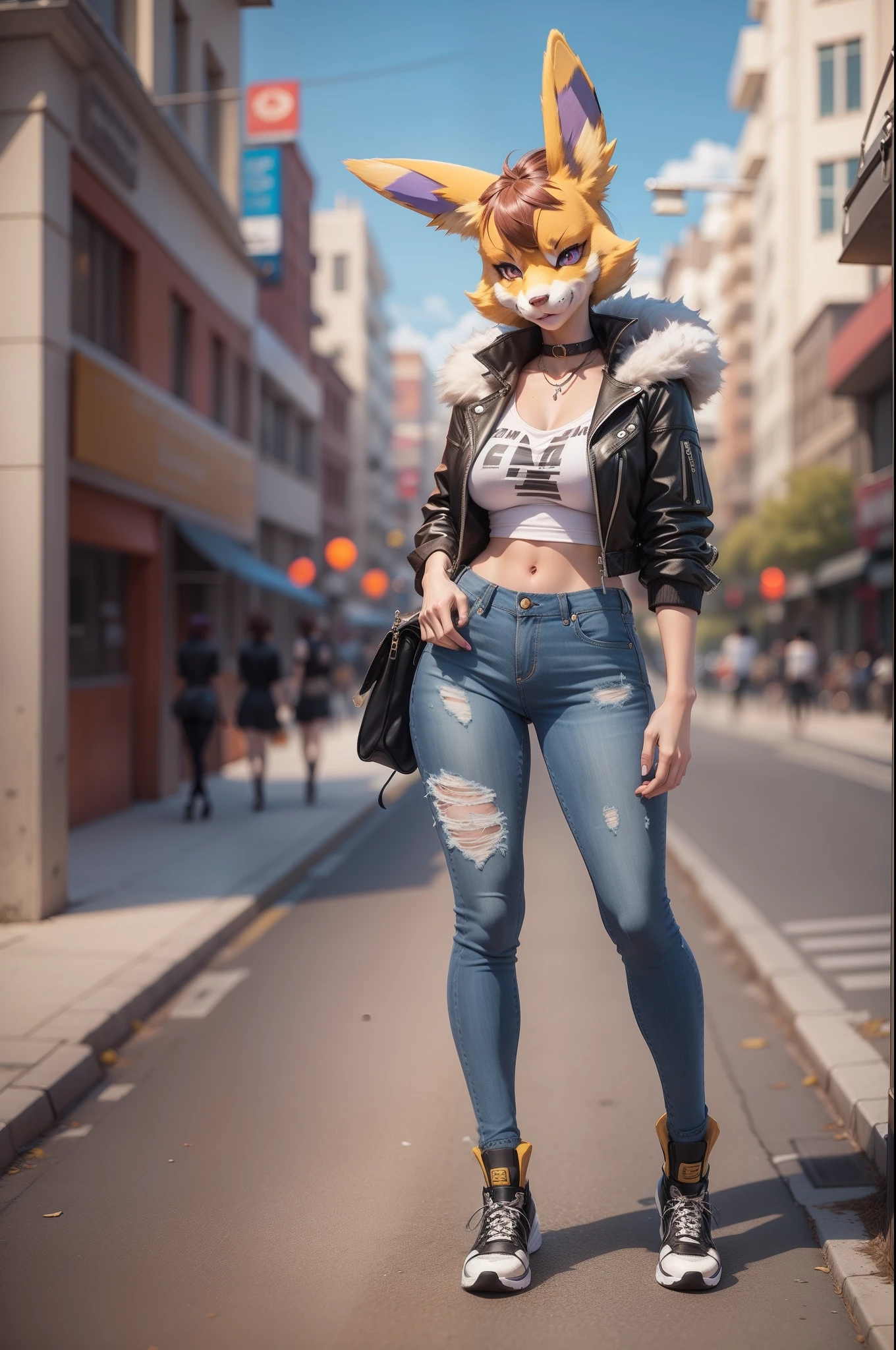 renamon furry anthro female in a modern city with friends