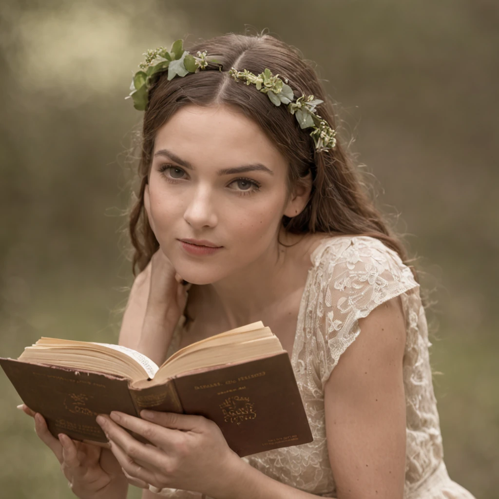 Renee Amberg stood alone as a beacon of grace in the misty forest with the golden light of dawn washing over her, wearing her distinctive long brown hair blown by the gentle morning breeze and donning her iconic flowing white jumpsuit adorned with intricate silver embroidery that complemented her toned physique. Her expressive blue eyes locked onto the viewer's gaze, her parted lips revealing a hint of enigmatic anticipation as she posed casually, one hand resting on a nearby tree trunk while holding her worn leather journal open to a blank page in search of inspiration amidst the tranquil natural surroundings. <lora:pyujyy18f5ffae304q135:1>