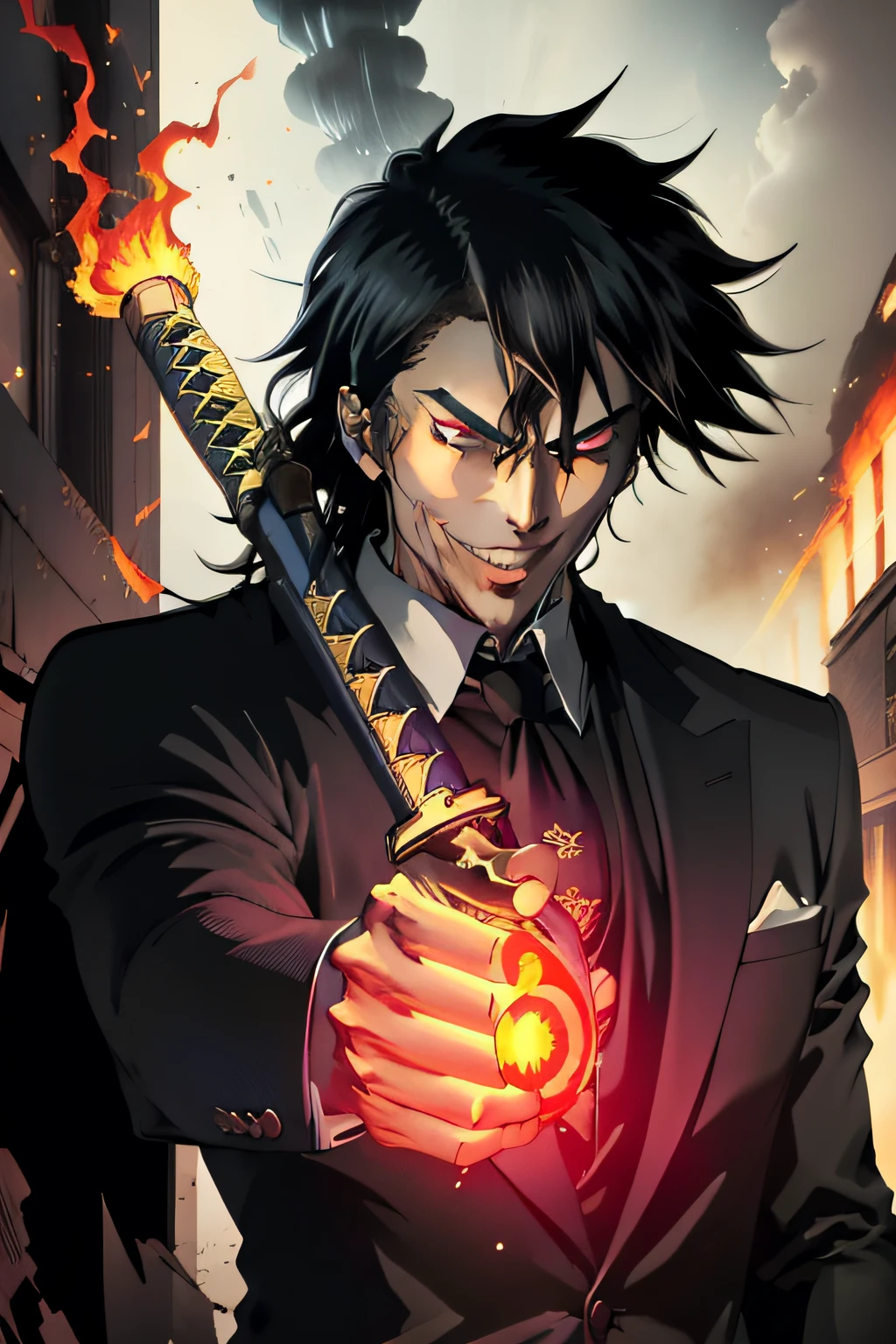 Un homme avec de longs cheveux noirs, dressed in a suit and tie, piercing, red eyes, brandishing a flaming katana to carry out his revenge with a smile.