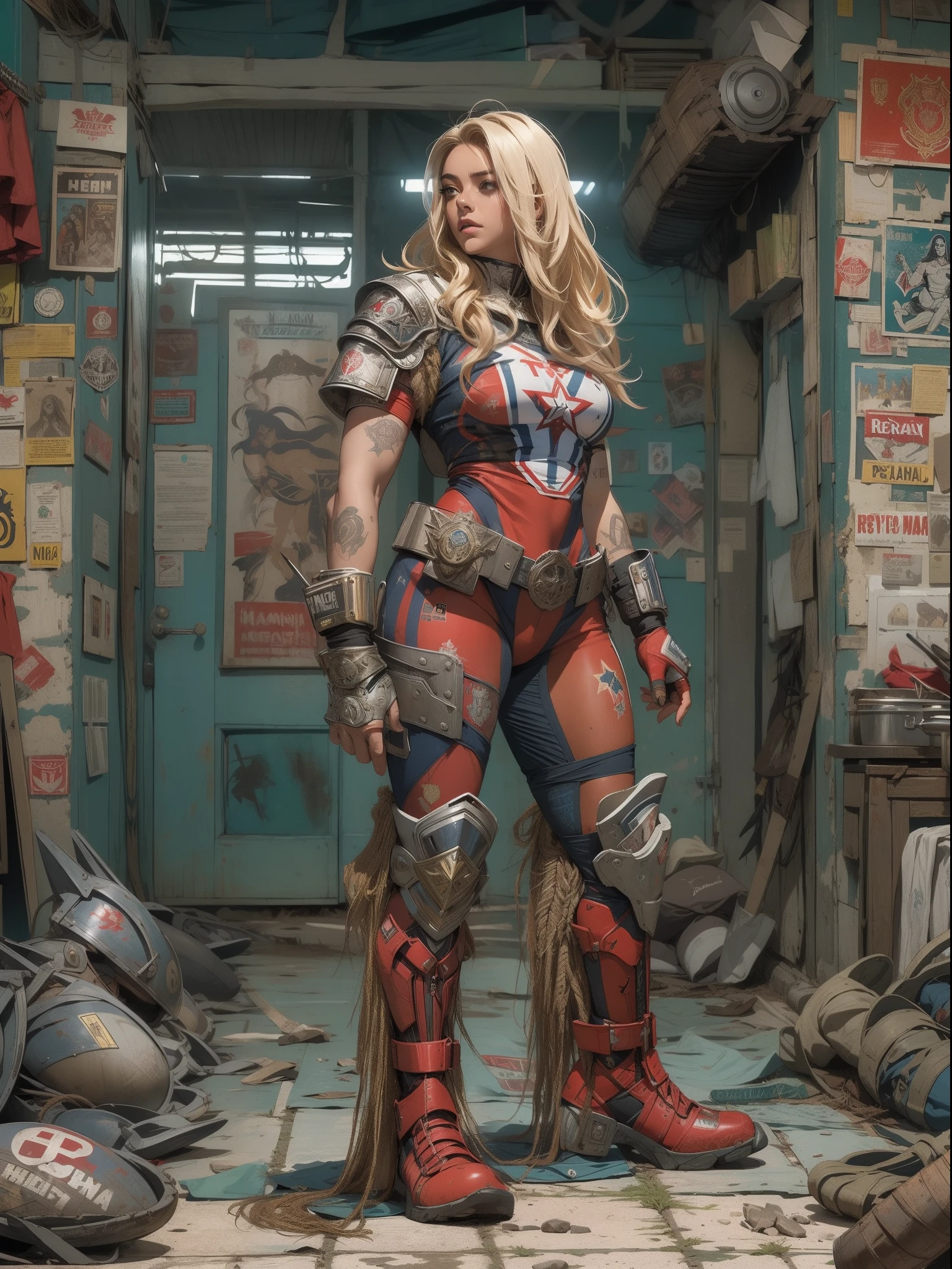 (((mulher))), (((melhor qualidade))), (((obra prima))), (((adulto))), (((1girl))), ((( corte de cabelo bob ))), ((( Latim ))), ((( pele escura ))), Uma gladiadora cyberpunk mulher de 25 anos com corpo perfeito, shoulder pads with metal spines, Gladiadores do Brooklyn, bronzeada (( corte de cabelo bob )), tiny leather panties, camiseta de time de rugby rasgada, quase nua no estilo selvagem urbano de Simon Bisley para a capa da revista Heavy Metal, Cabelo loiro curto, Minimum clothing, Metal protection on the left arm with intricate graphics, faded red with white stars and paisley pattern navy blue and white, armadura pintada com grafismos agressivos, cheio de pontas e rebites, (((do joelho pra cima))), no fundo uma parede pintada por Shepard Fairey com um design intrincado