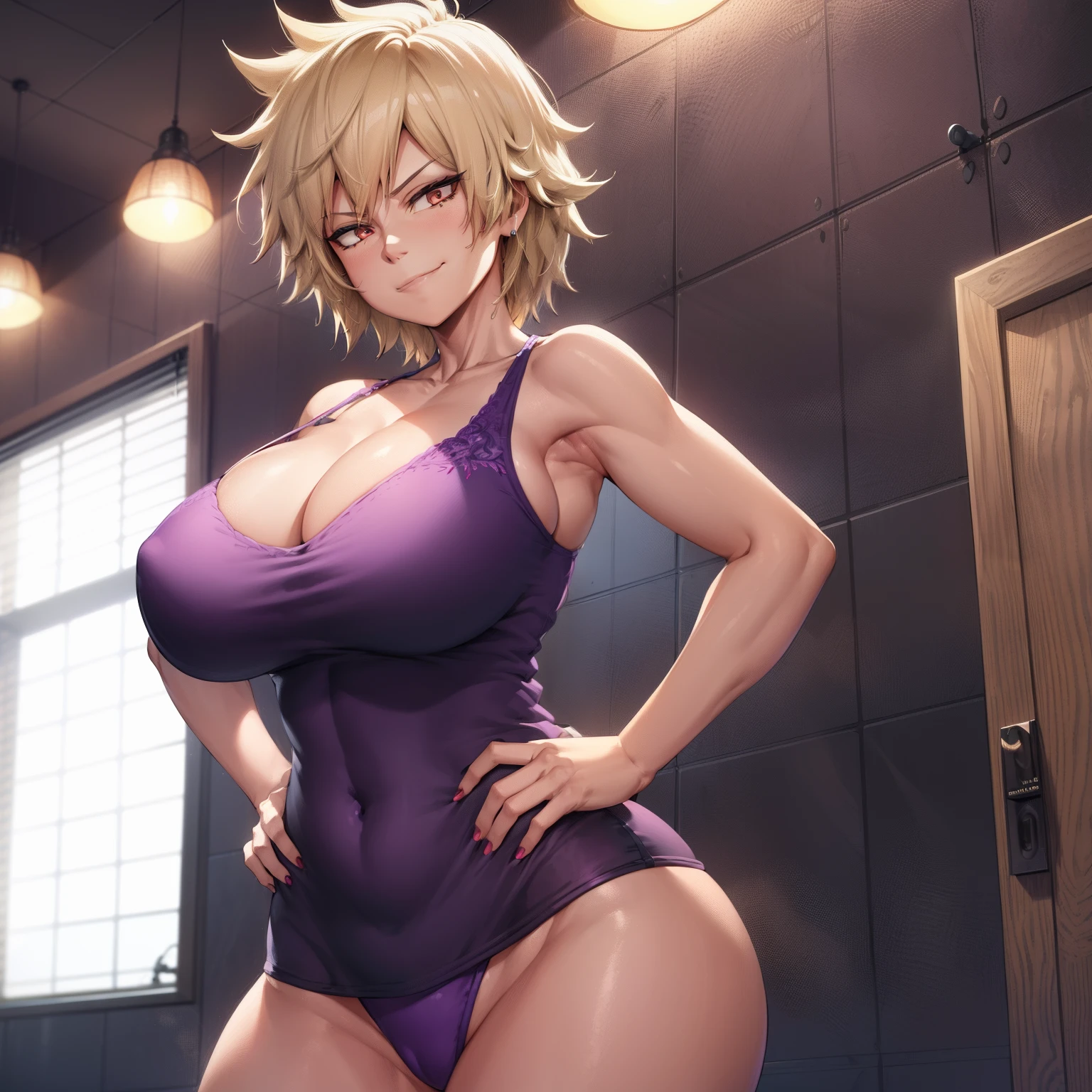 (highres, best quality:1.2), intricate details, vibrant image, sharpness, colorful, bakumilf, solo, mature female, spiky hair, blonde hair, bathroom, tank top ligth purple, hands on hips, smirk