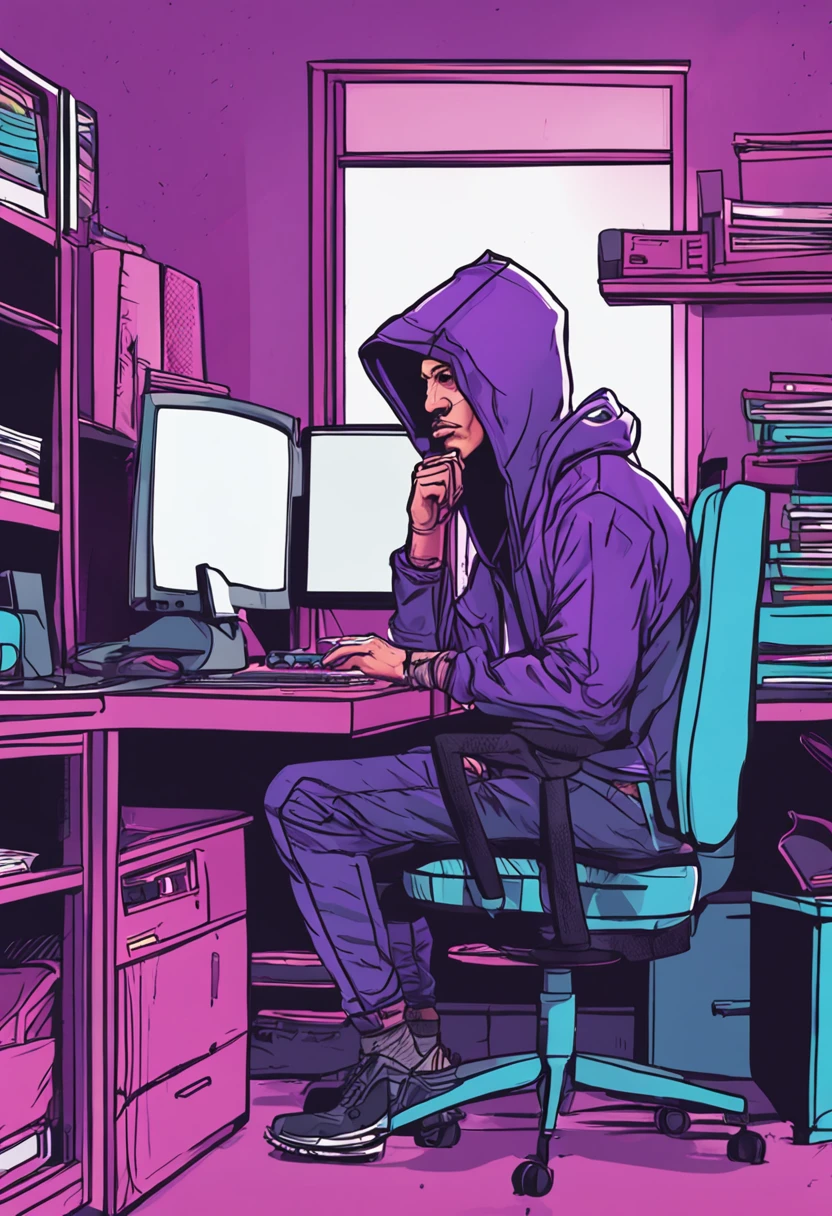 cartoon like guy with hoodie sitting in from of his computer on his desk, colors violet black blue , his face is hidden under the hoodie , camera is in front of his desk. He is lookin into the camera. On his back are big room windows behind his back ,with manhatan buildings ,