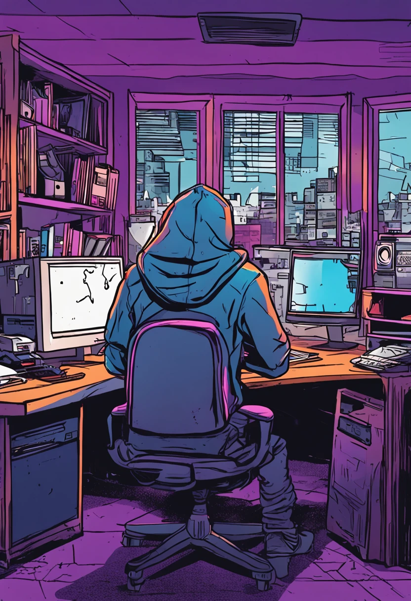 cartoon like guy with hoodie sitting in from of his computer on his desk, colors violet black blue , his face is hidden under the hoodie , camera is in front of his desk. He is lookin into the camera. On his back are big room windows behind his back ,with manhatan buildings ,