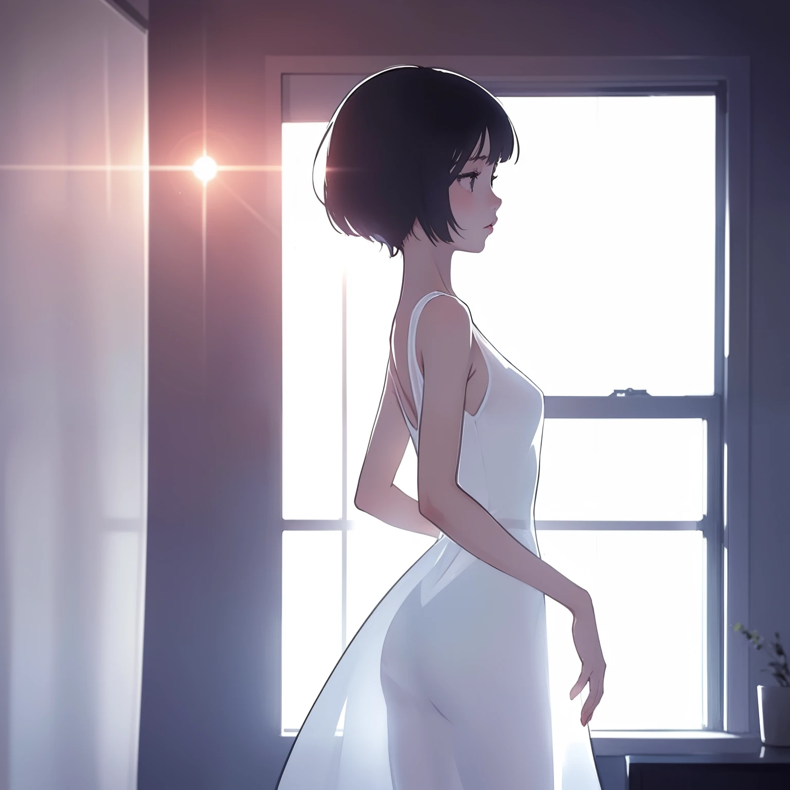 (masterpiece, best quality), 1girl, petite, slim, white dress, transparent dress, see-through silhouette, backlit, backlight, standing by the window, bedroom, morning, sunlight, warm, anime minimalist, watercolor